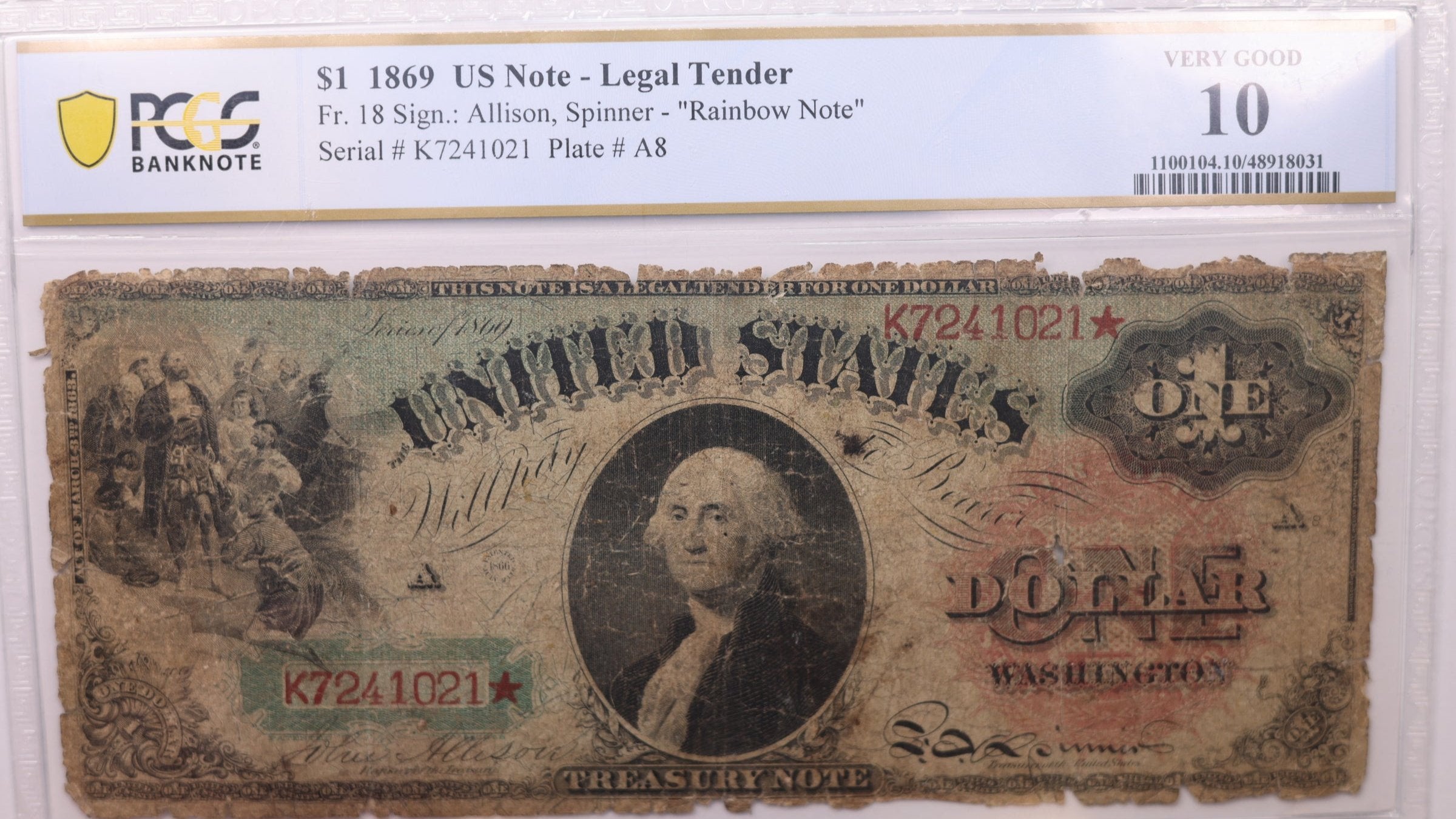 1869 $1., Legal Tender Note., PCGS VG-10., Store Sale #GLT028
