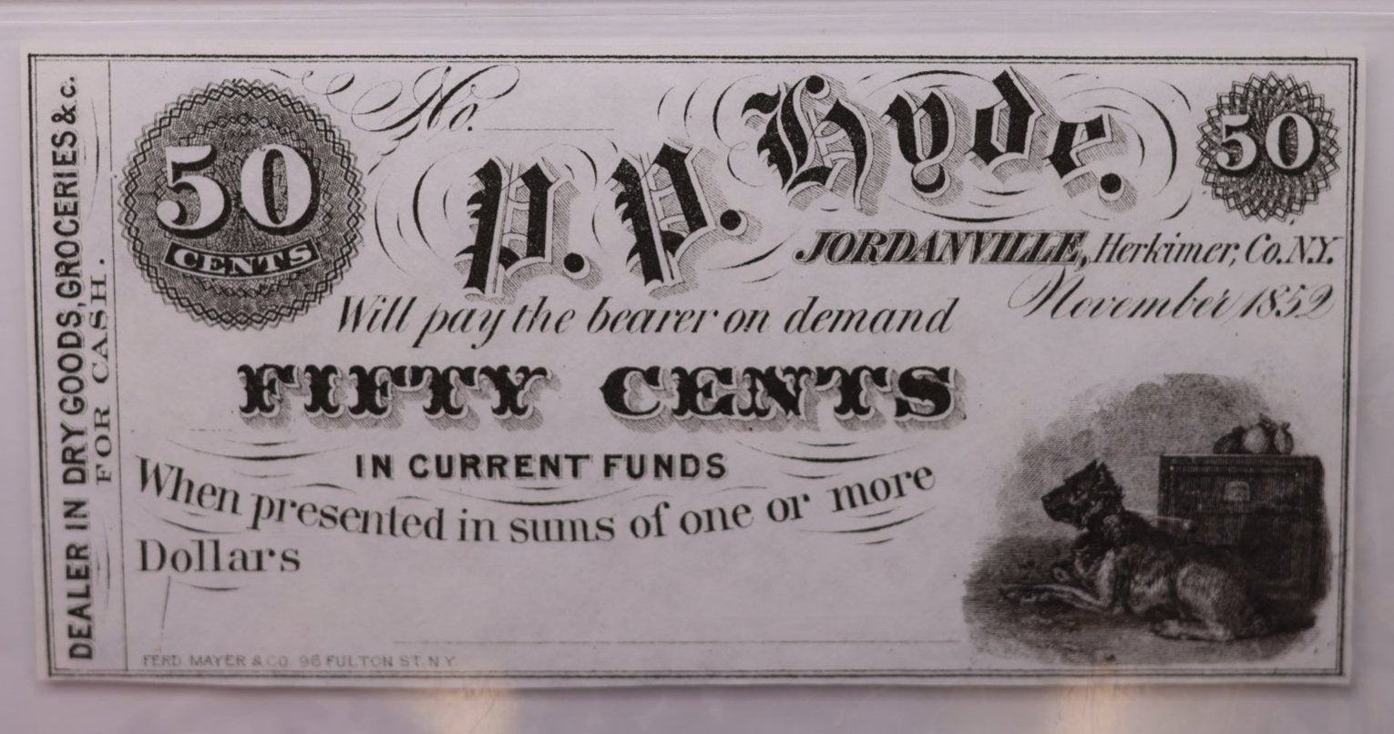 1852 50 Cent., P.P. HYDE., Jordanville, N.Y., PCGS CU-65, PPQ., Store Sale #GNY001