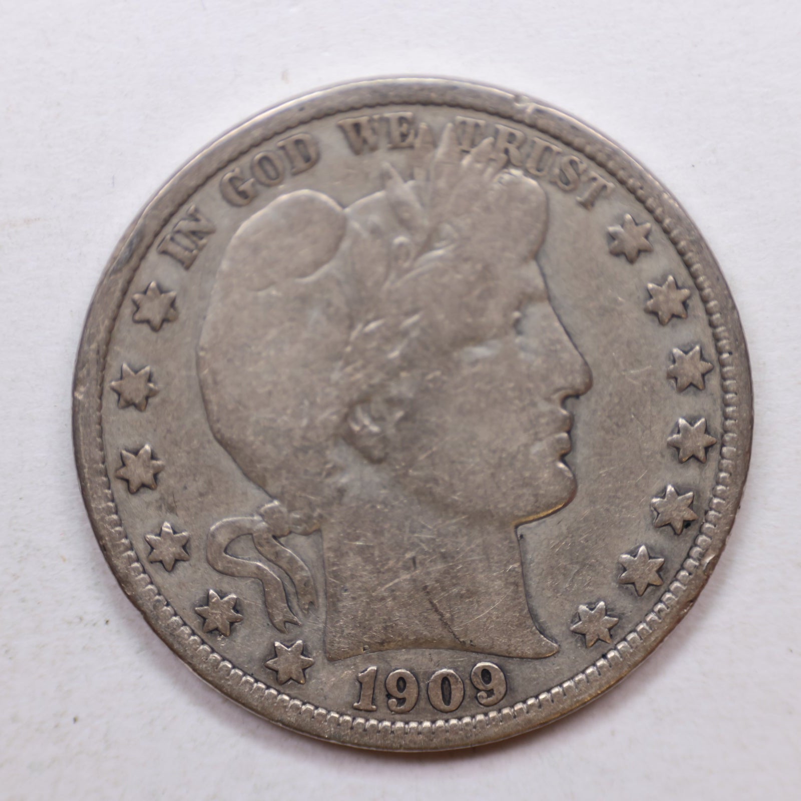 1909 Barber Silver Half Dollar, Very Good Circulated Coin, Store #HR1102