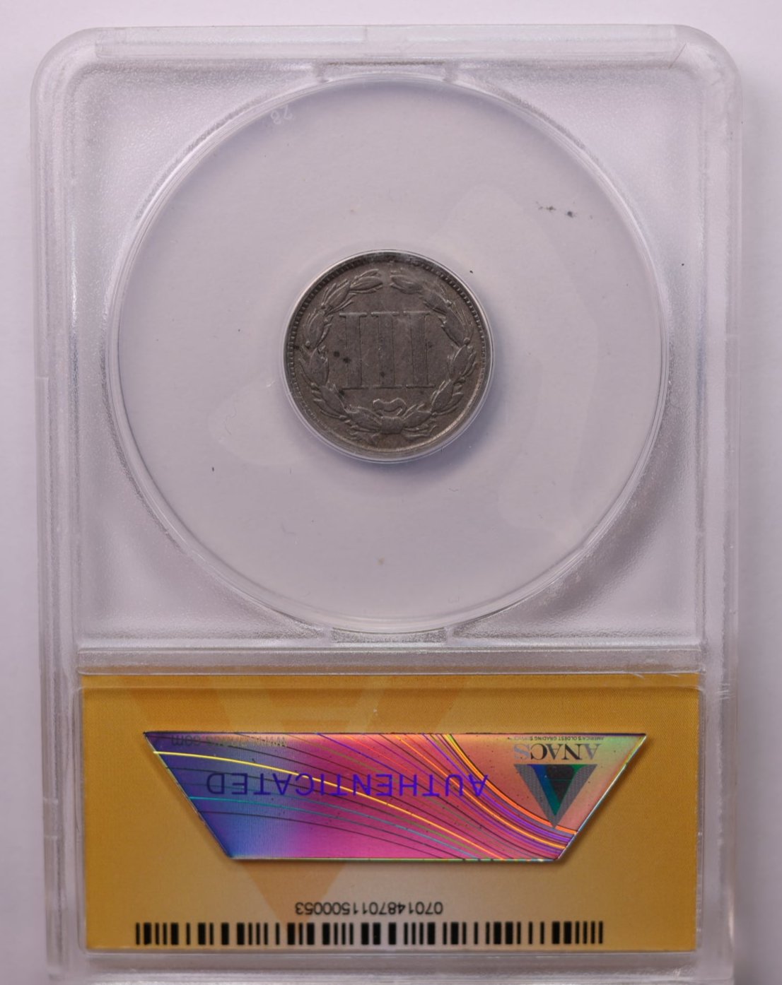 1865 3 Cent Copper Nickel., ANACS Verified., Store #1661