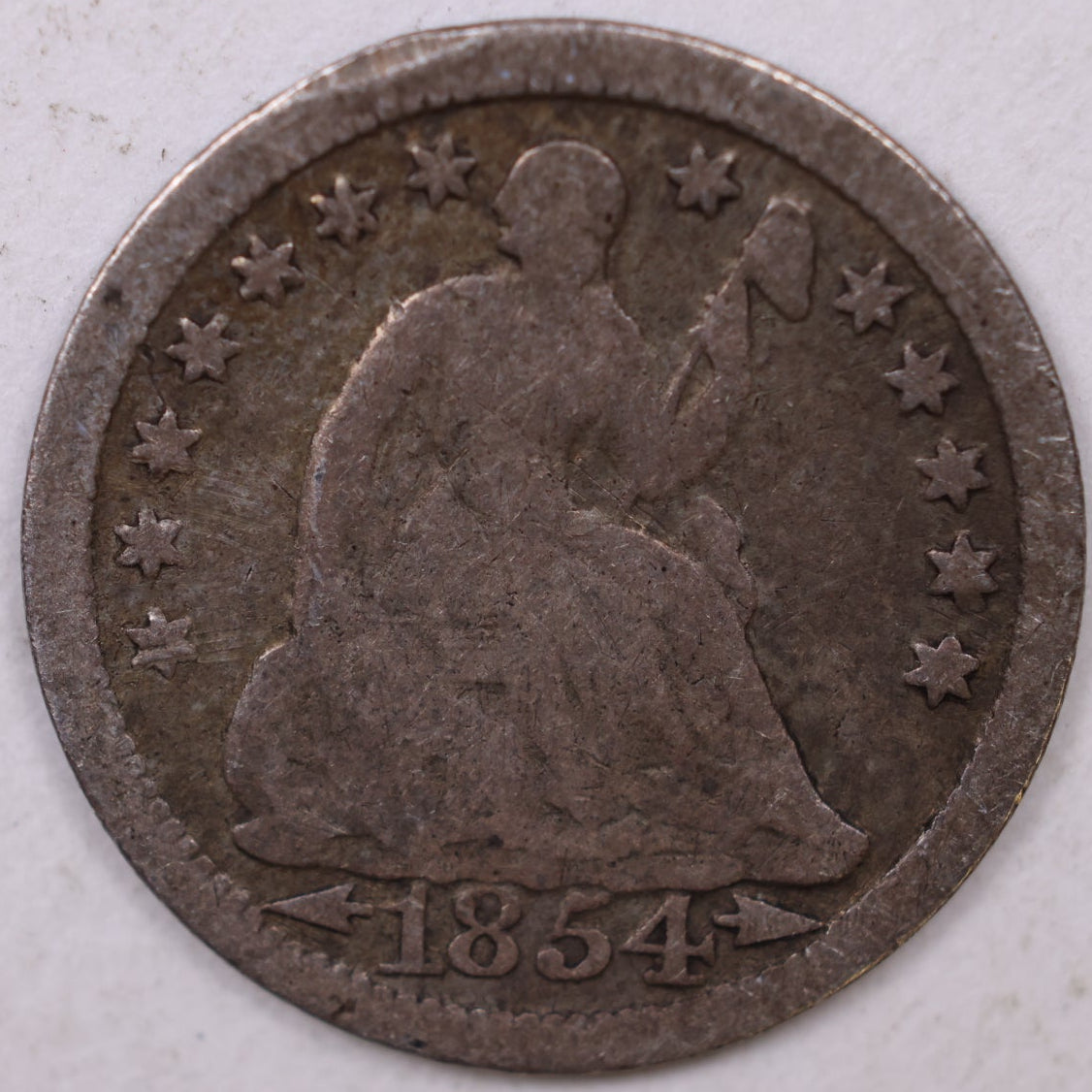 1854 Seated Liberty Half Dime, Very Good Circulated Affordable Coin, STORE Sale #HE0017