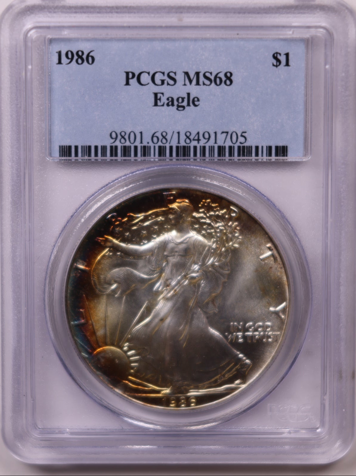 1986 American Silver Eagle Toner, PCGS MS-68, Store#AE0301