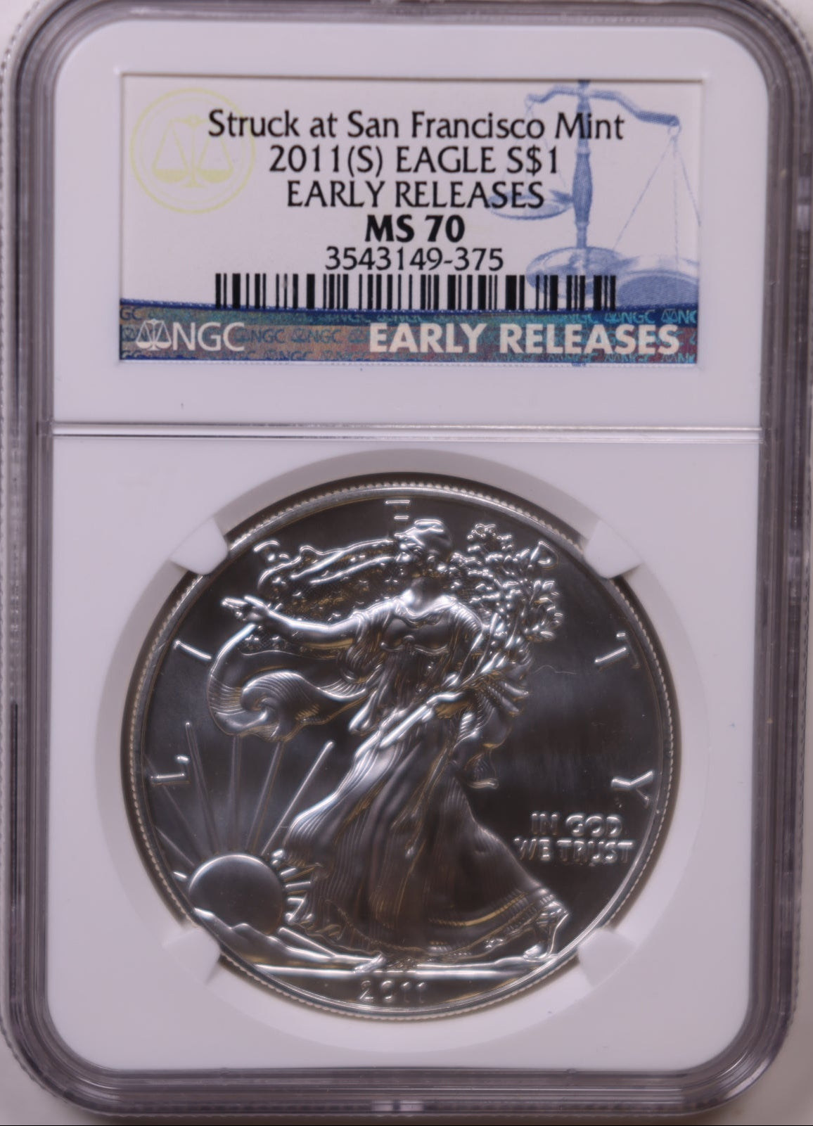 2011 (S) American Silver Eagle, Early Release, NGC MS-70, Store#AE0323