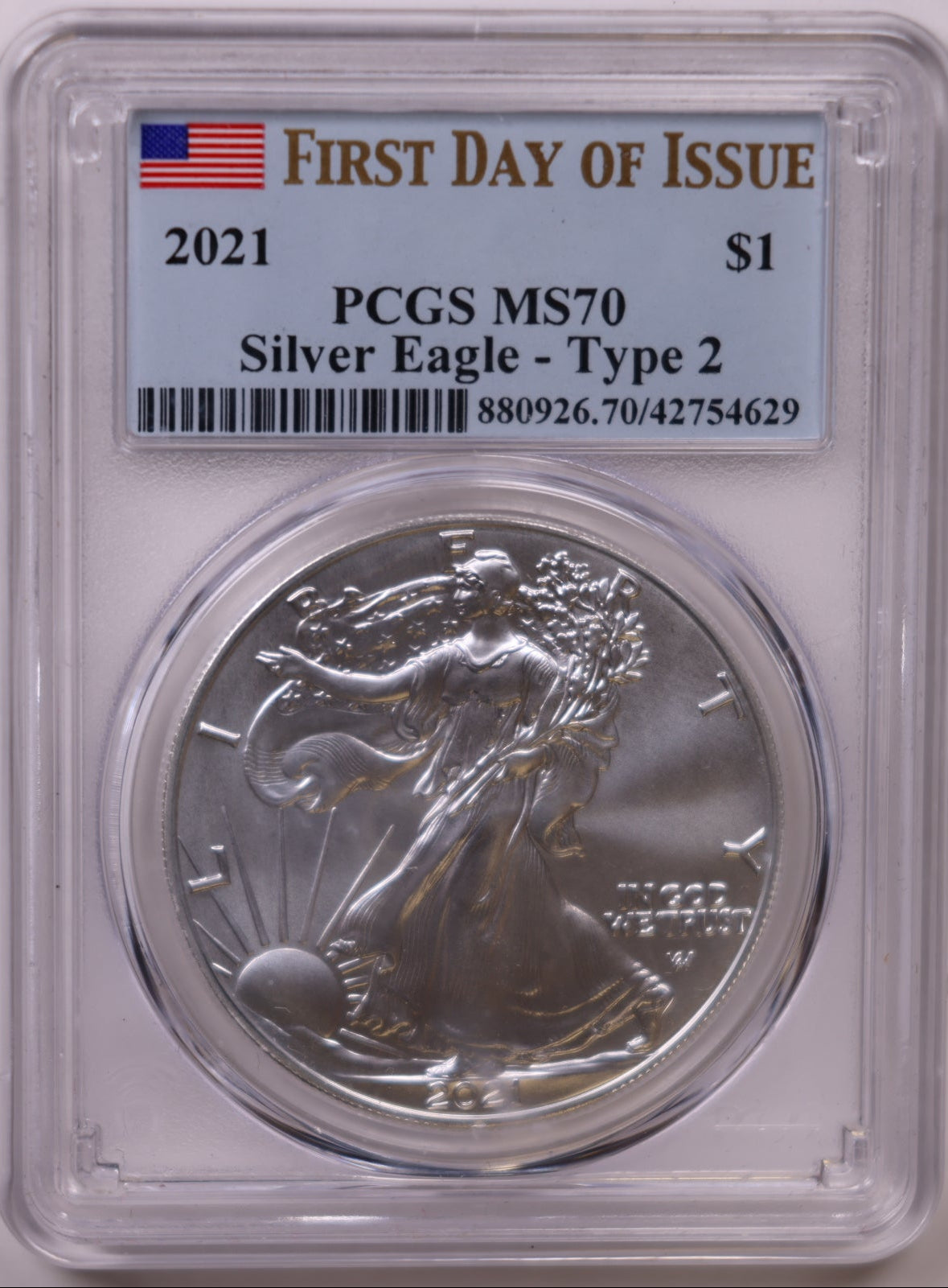 2021 American Silver Eagle Type 2, First Day of Issue, PCGS MS-70, Store#AE0351