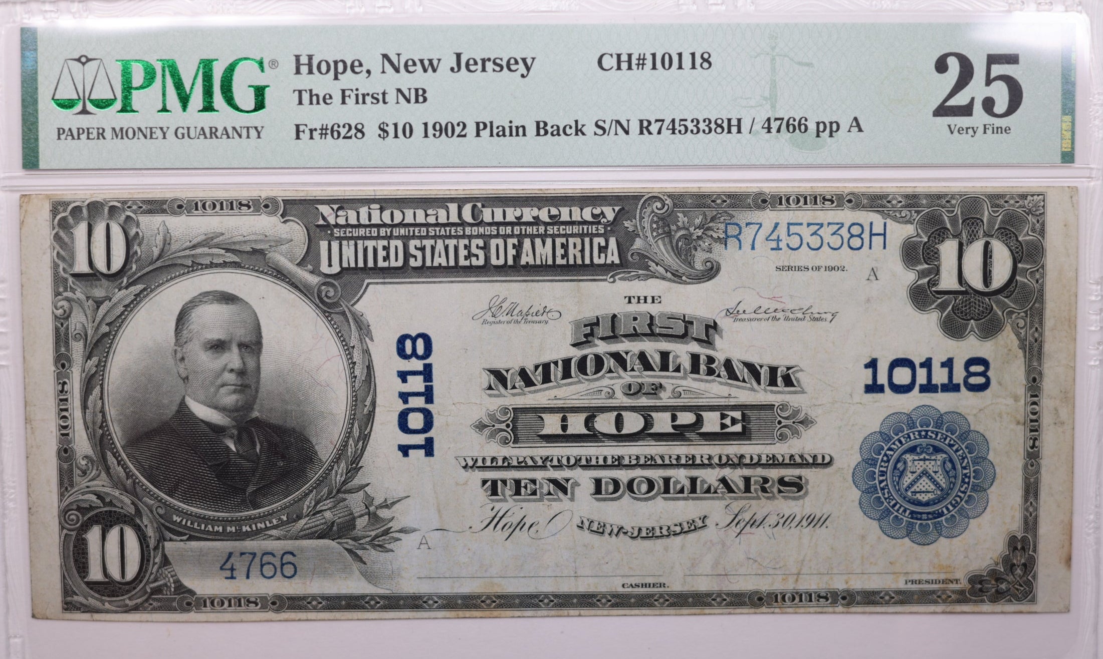 1902 $10 National Currency., Hope, New Jersey., PMG VF-25., LGNG032
