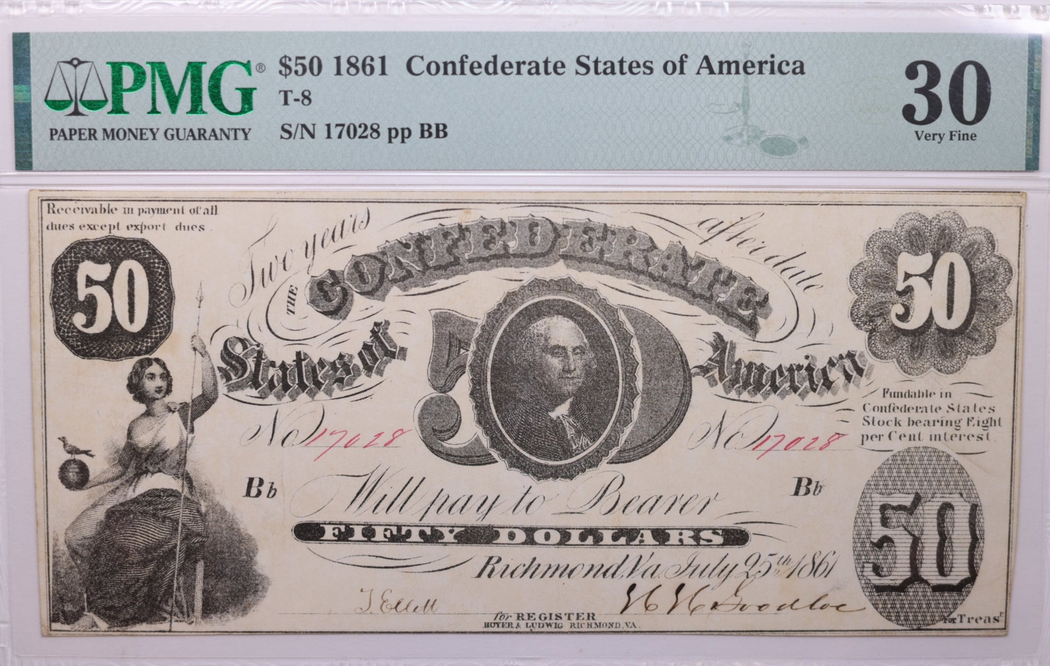 1861 $50, Confederate, States., Obsolete Currency., PMG VF30., Store #GCSA005