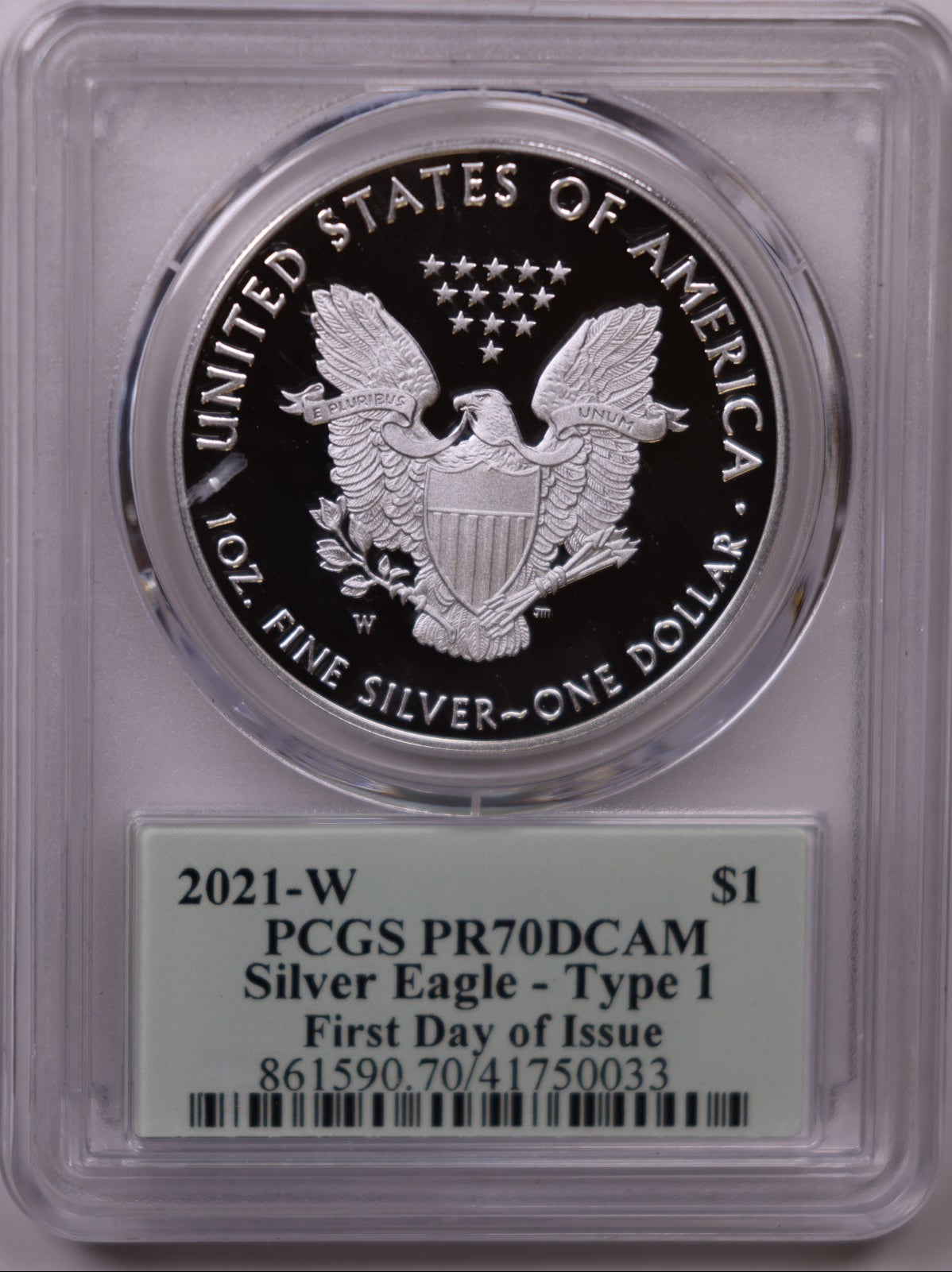 2021-W American Silver Eagle Type 1, First Day of Issue, PCGS PR-70DCAM, Store#AE0354