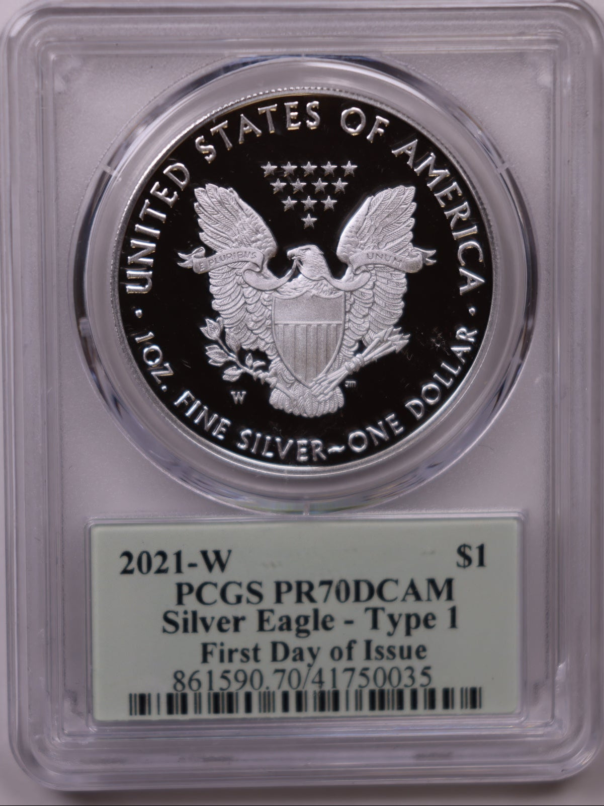 2021-W American Silver Eagle Type 1, First Day of Issue, PCGS PR-70DCAM, Store#AE0355