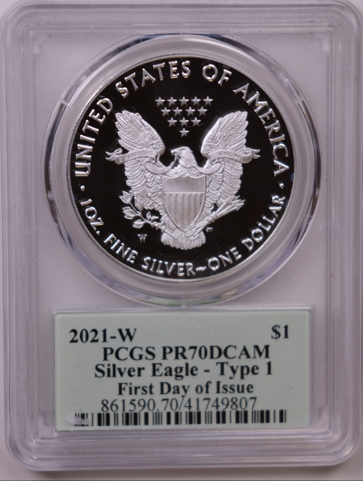2021-W American Silver Eagle Type 1, First Day of Issue, PCGS PR-70DCAM, Store#AE0357