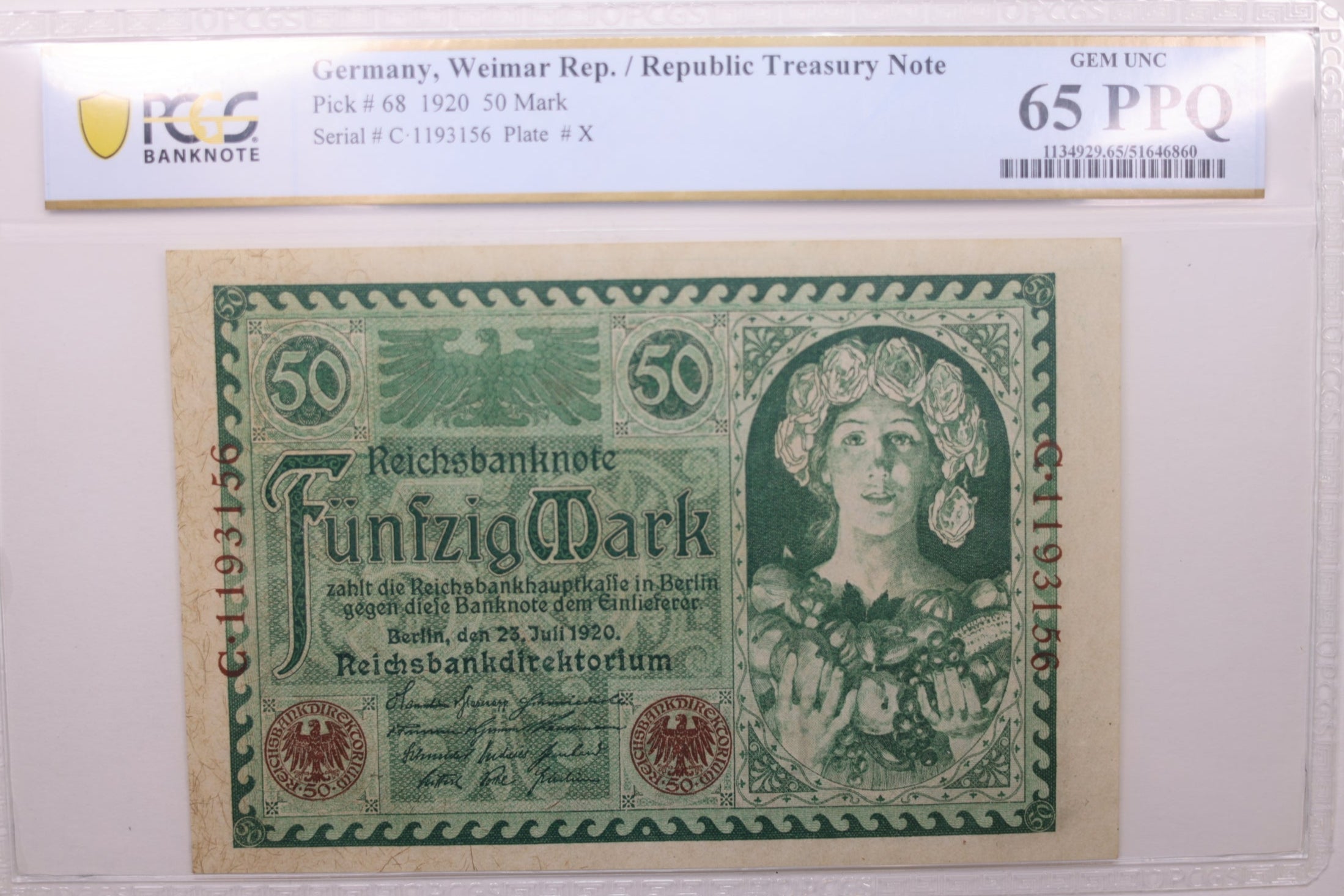 1920 50 Mark., German, Weimar Rep., PCGS CU-65 PPQ., Store #GWC014