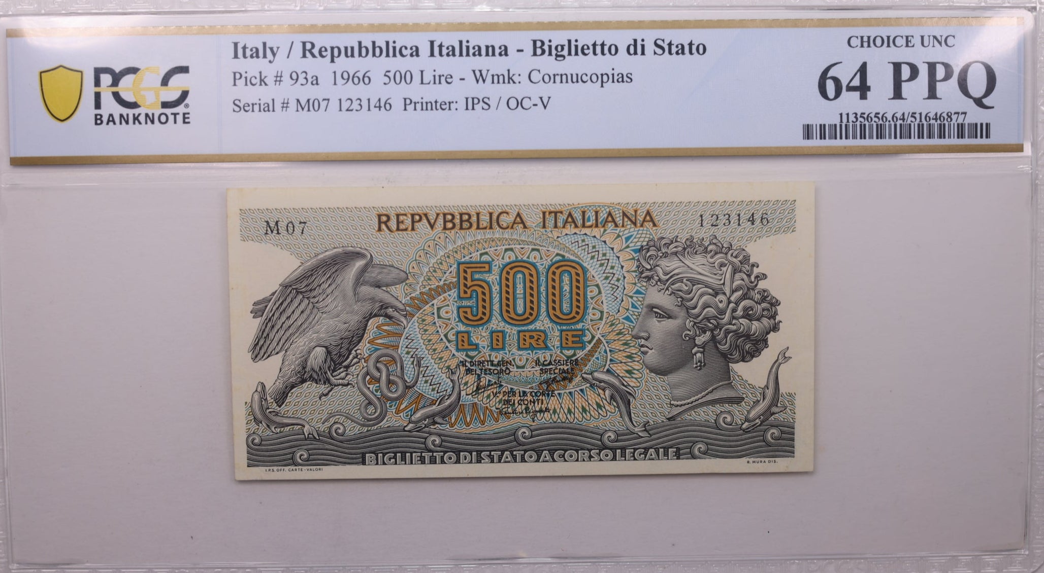 1966 500 Lire., Repubblica Italy., PCGS CU-64 PPQ., Store #GWC016
