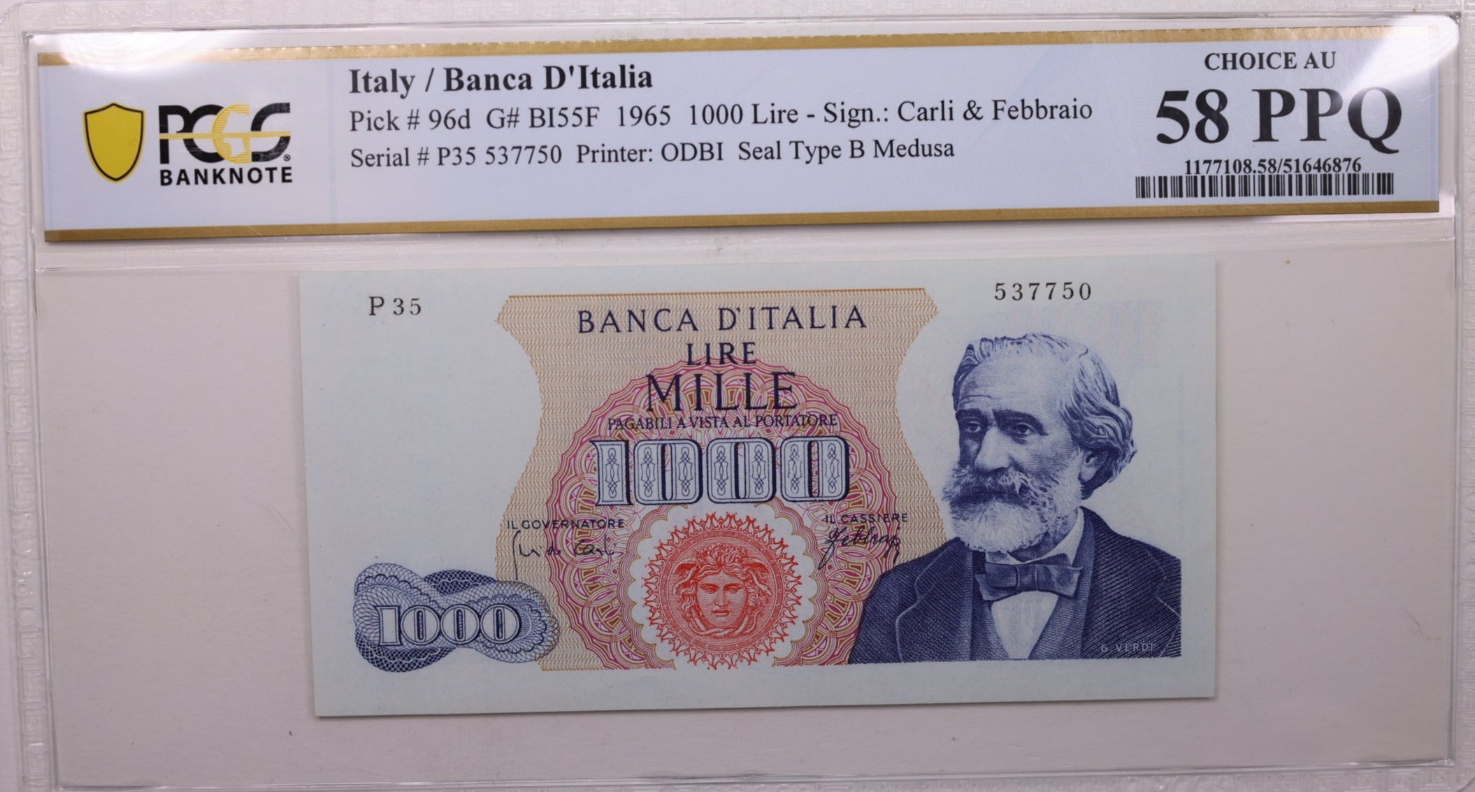 1965 1,000 Lire, Bank of Italy., PCGS AU-58 PPQ., Store #GWC017
