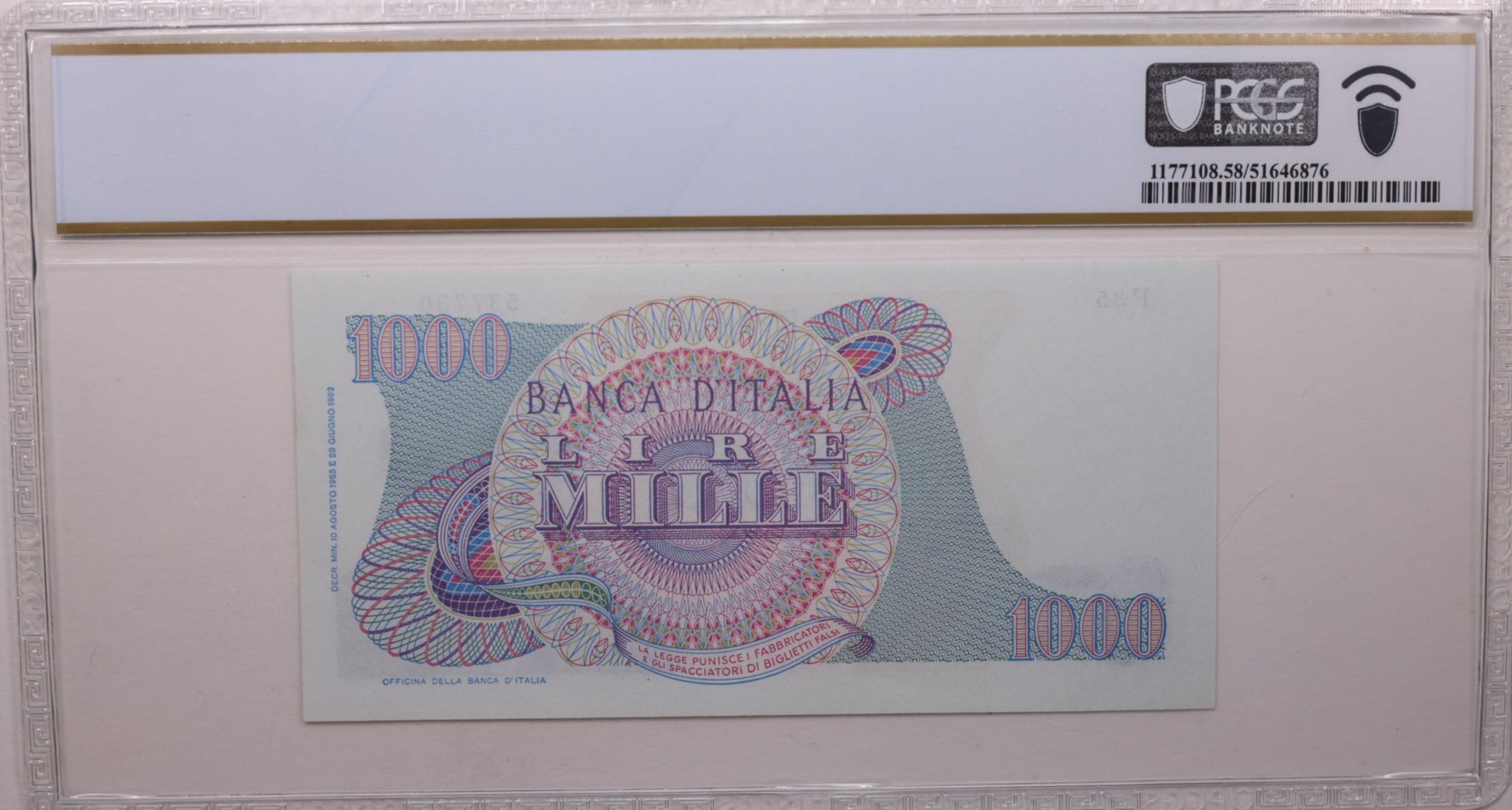 1965 1,000 Lire, Bank of Italy., PCGS AU-58 PPQ., Store #GWC017