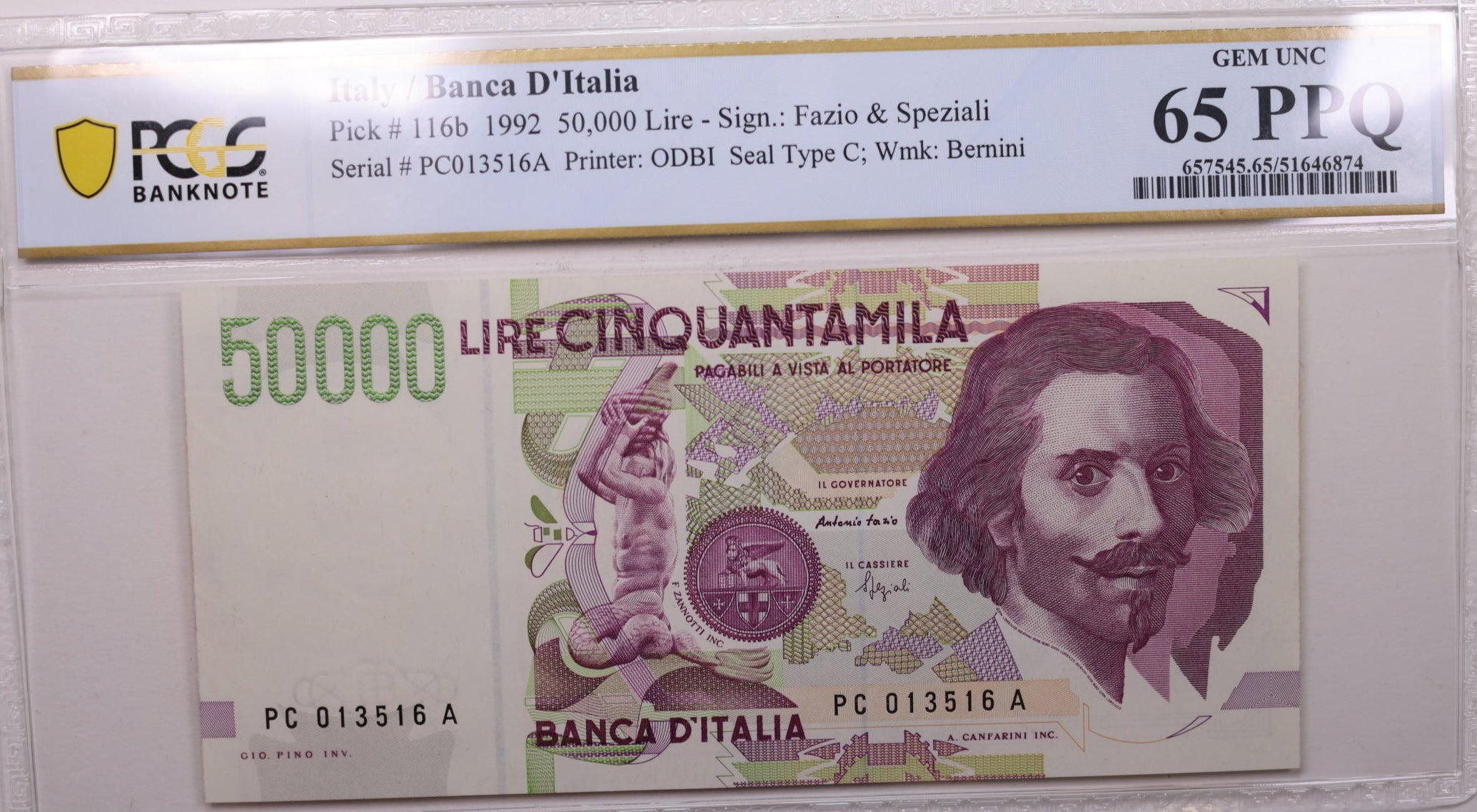 1992 50,000 Lire, Bank of Italy., PCGS CU-65 PPQ., Store #GWC019