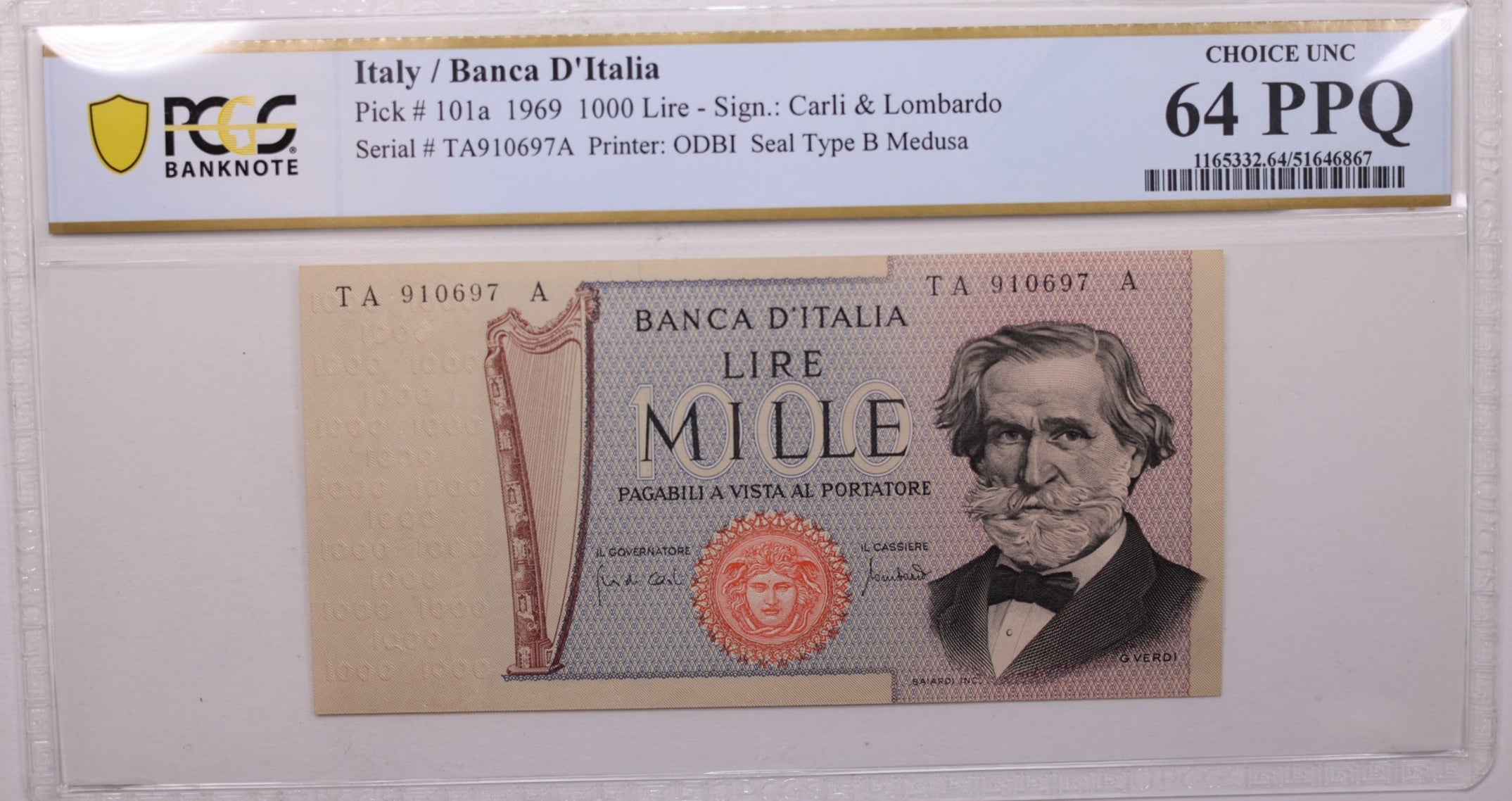 1969 1,000 Lire, Bank of Italy., PCGS CU-64 PPQ., Store #GWC025