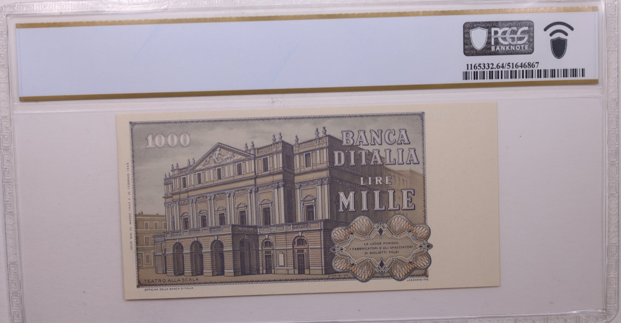 1969 1,000 Lire, Bank of Italy., PCGS CU-64 PPQ., Store #GWC025