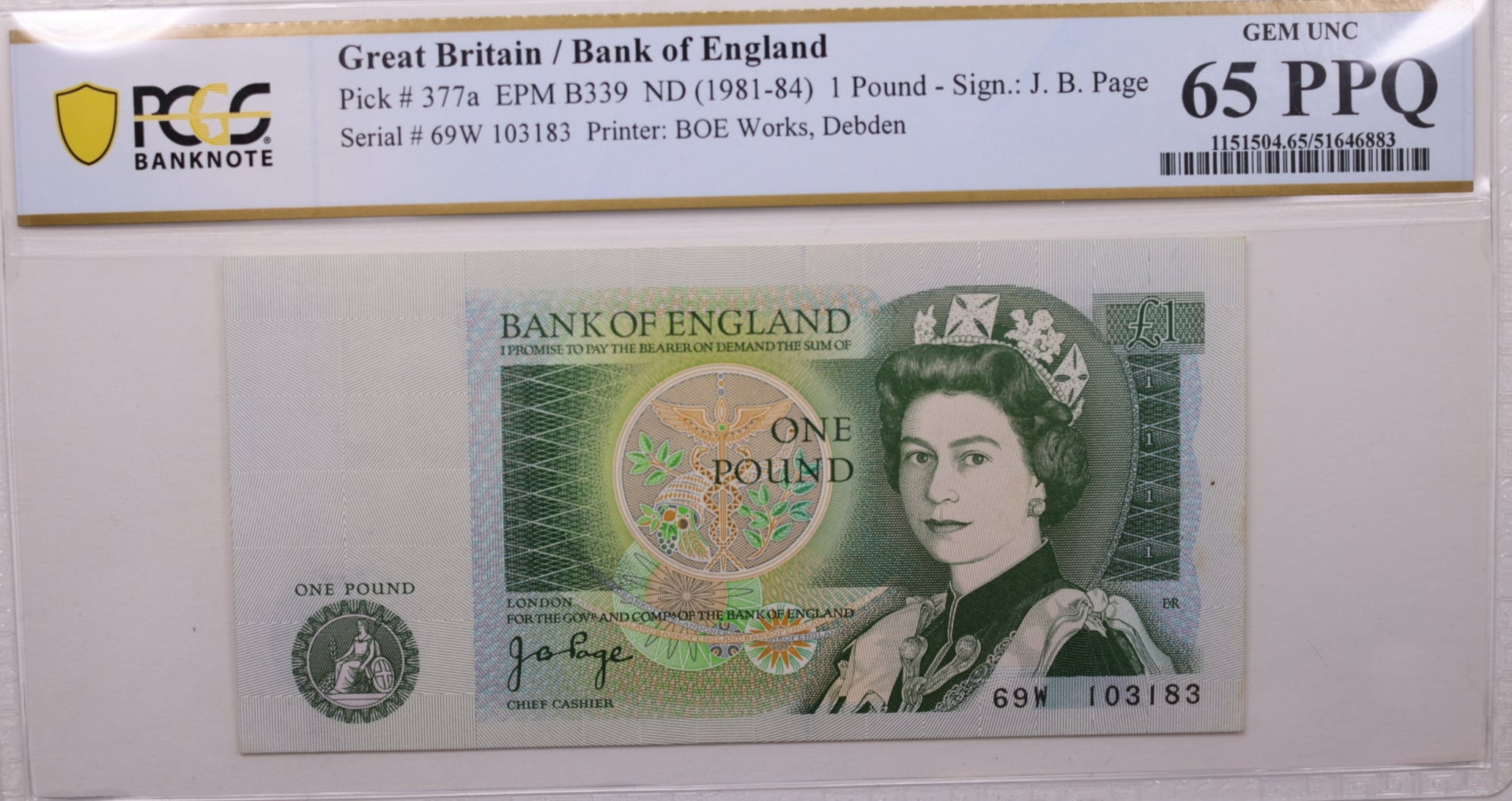Bank of England, One Pound., (1981-84)., PCGS CU-65 PPQ., Store #GWC027