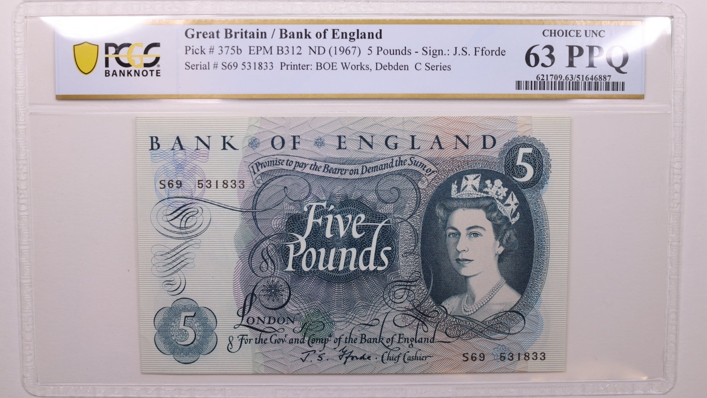 (1967) 5 Pounds, Great Britain., PCGS CU-63 PPQ., Store #GWC042