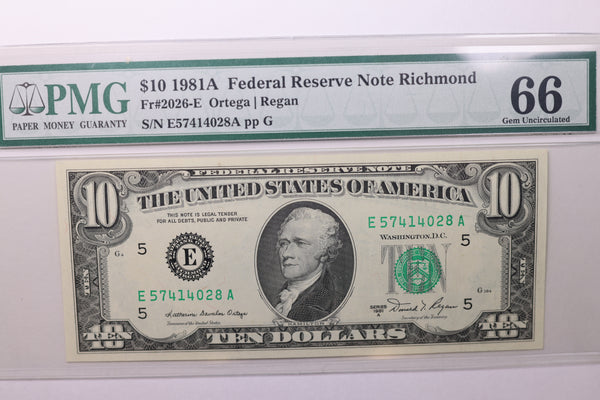 1981A $10 Federal Reserve Note, PMG Graded, CU-66., Store Sale #035040