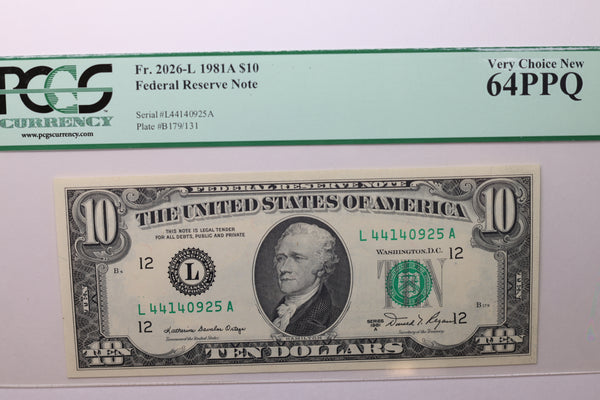 1981A $10 Federal Reserve Note, PCGS Graded, CU-64., Store Sale #035041