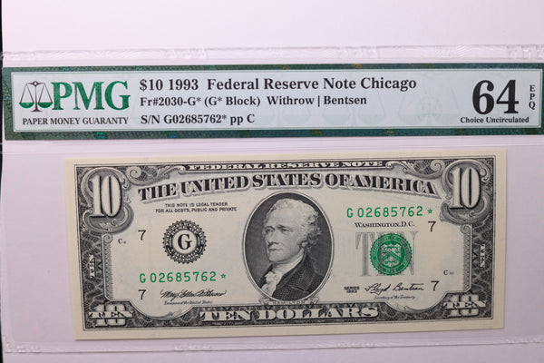 1993 $10 Federal Reserve Note, "STAR NOTE", PMG Graded, CU-64., Store Sale #035045