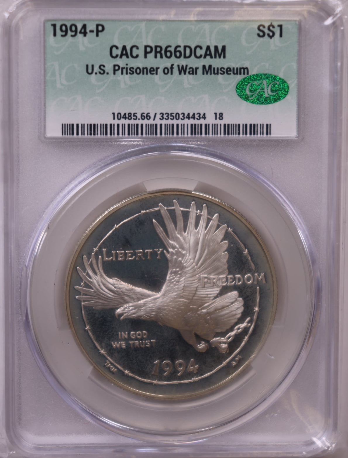 1994-P U.S. Prisoner of War Museum Silver Dollar, CAC PR-66 Cameo, Store #GMC356