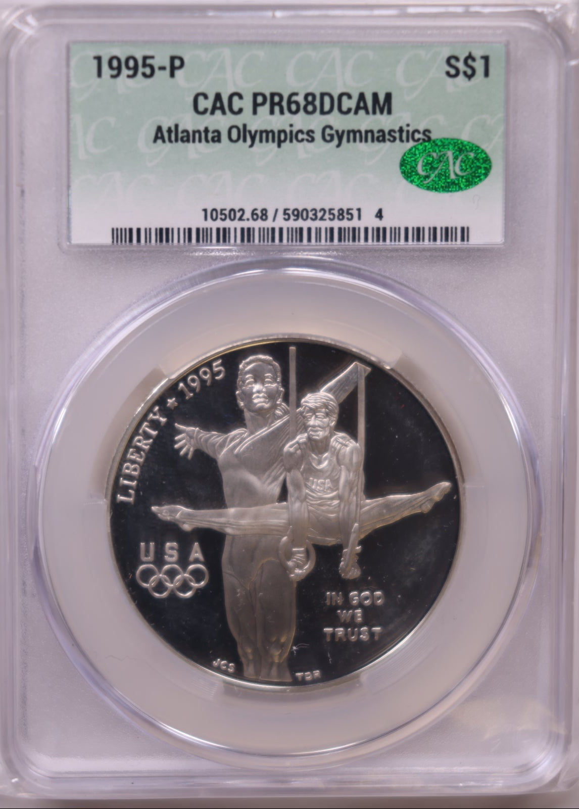 1995-P Atlanta Olympics Gymnastics Silver Dollar, CAC PR-68 Cameo, Store #GMC361
