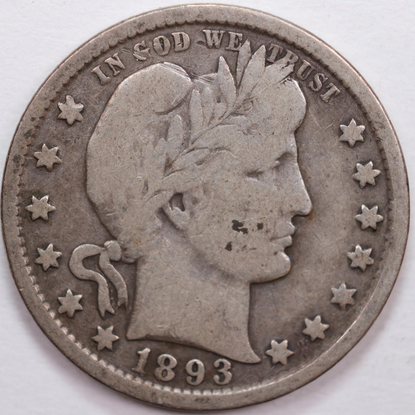 1893-O Barber Silver Quarter, Very Good+ Circulated Coin, Store #QR0330