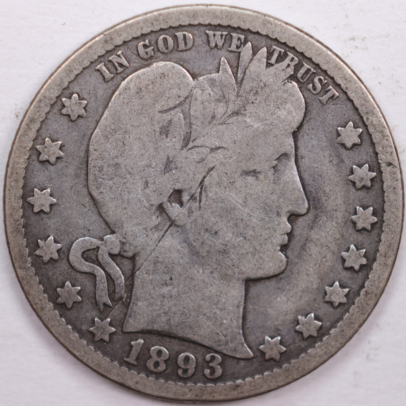 1893-O Barber Silver Quarter, Very Good Circulated Coin, Store #QR0335