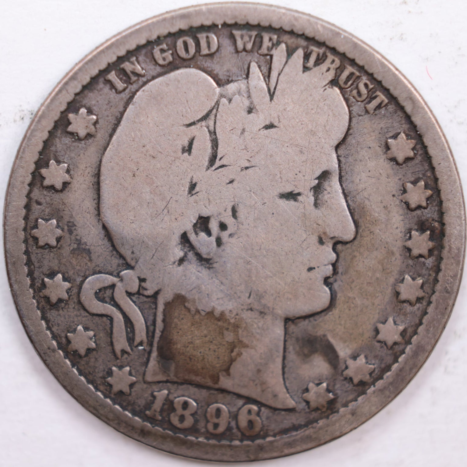 1896-O Barber Silver Quarter, Very Good Circulated Coin, Store #QR0353