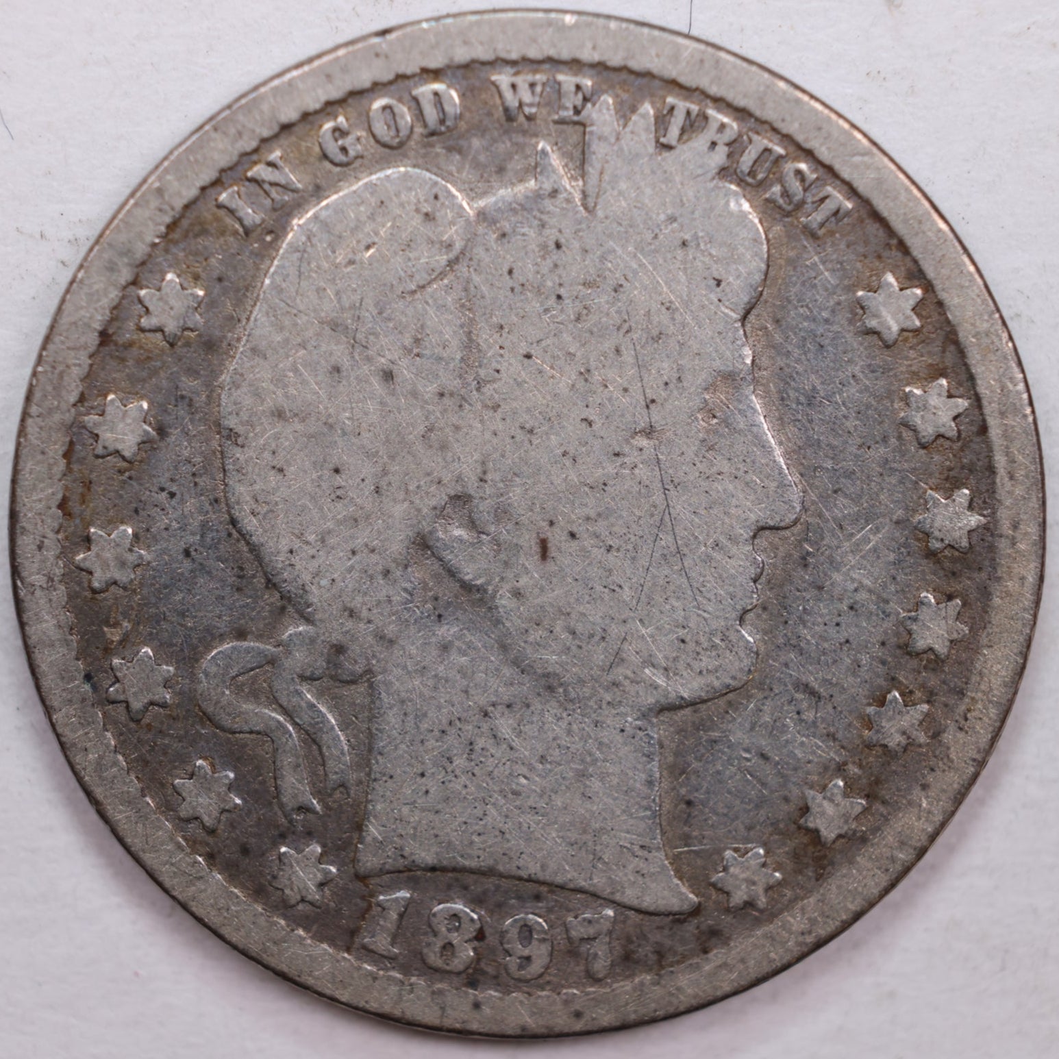 1897-O Barber Silver Quarter, Very Good Circulated Coin, Store #QR0356