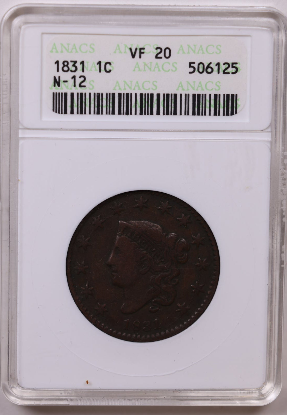 1831 Large Cent N-12, ANACS VF-20, Affordable Circulated Coin, Store #CT1190