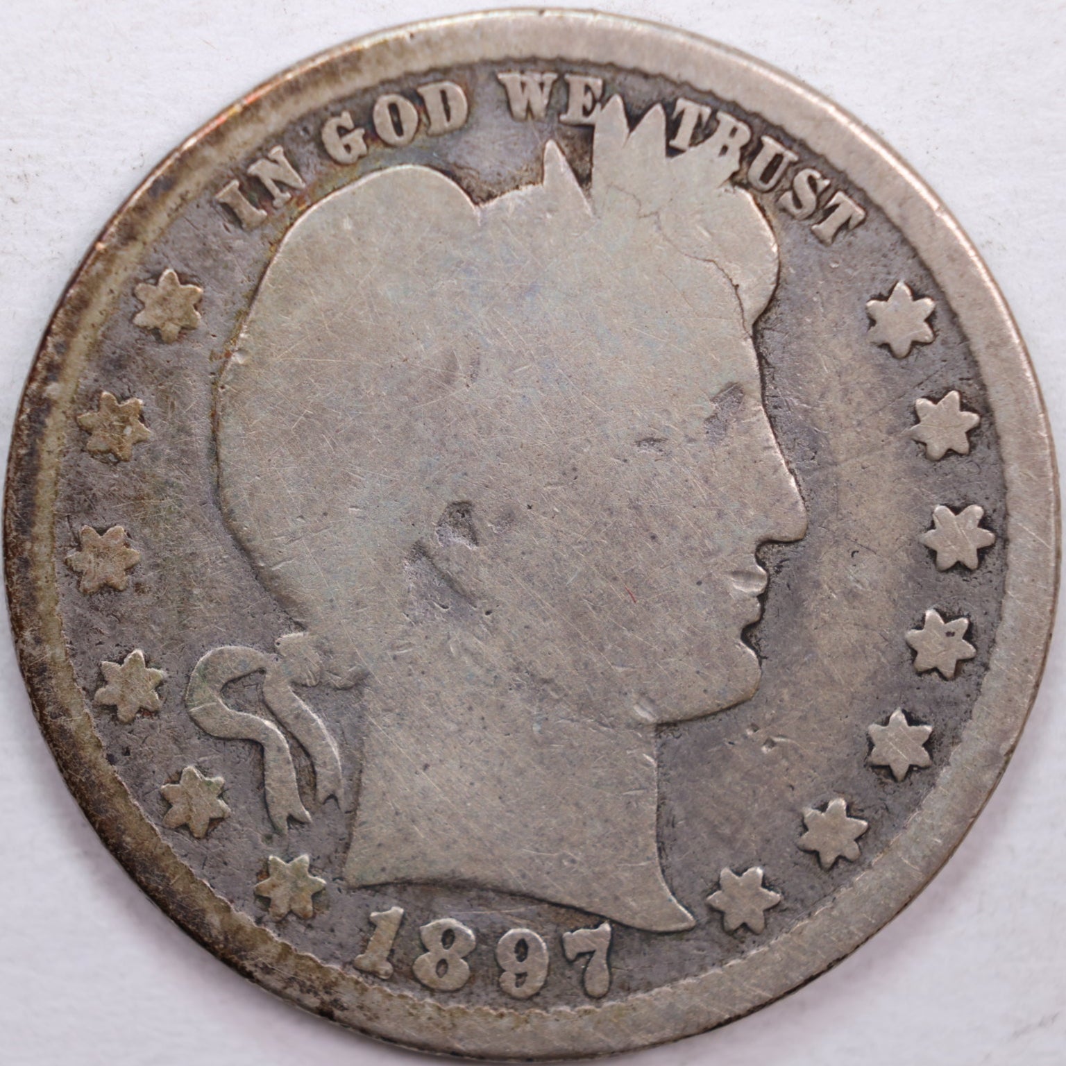 1897-O Barber Silver Quarter, Very Good Circulated Coin, Store #QR0358
