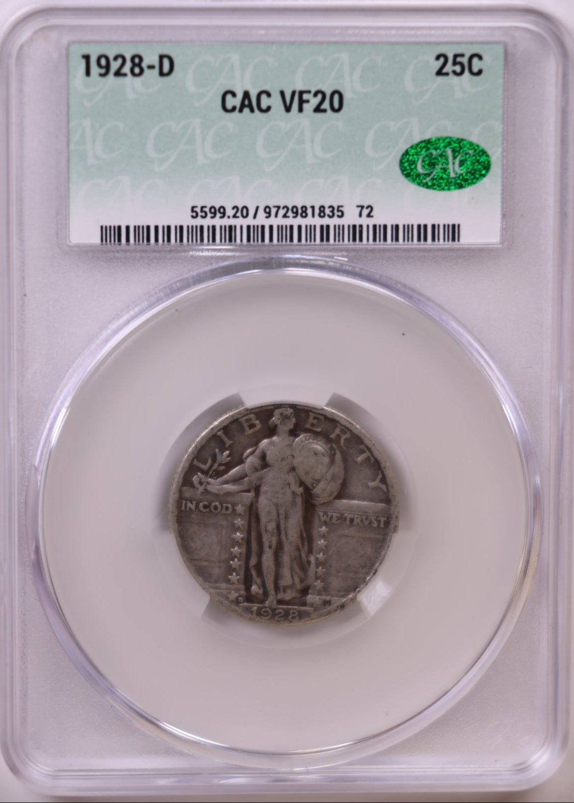 1928-D, Standing Liberty Quarter, CAC VF-20, Very Fine Circulated Coin, Store #QR1176