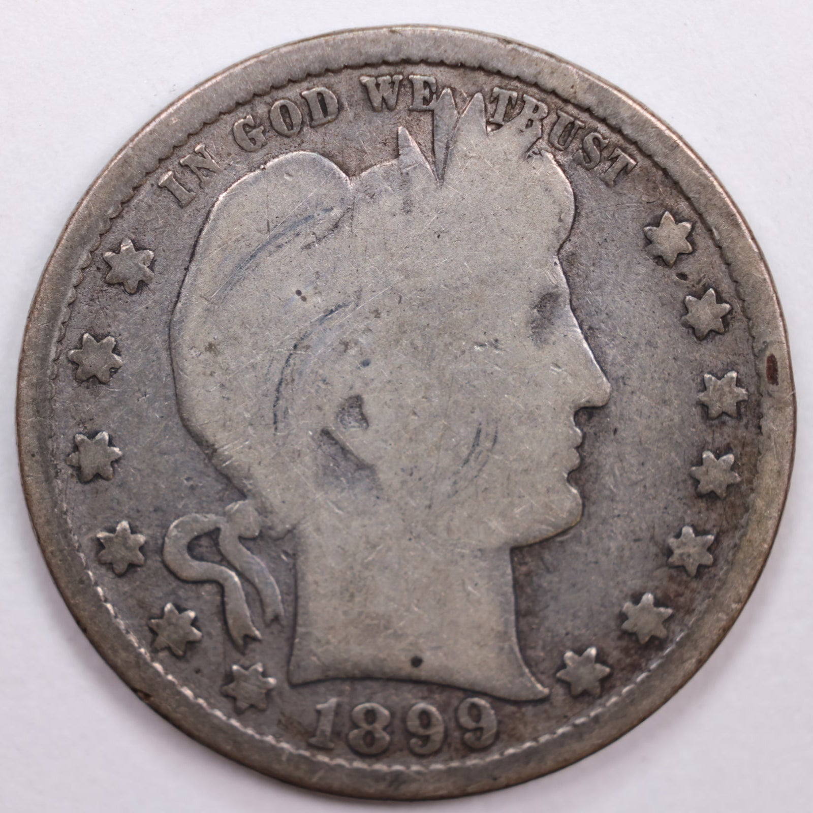 1899-S Barber Silver Quarter, Good+ Circulated Coin, Store #QR0408.