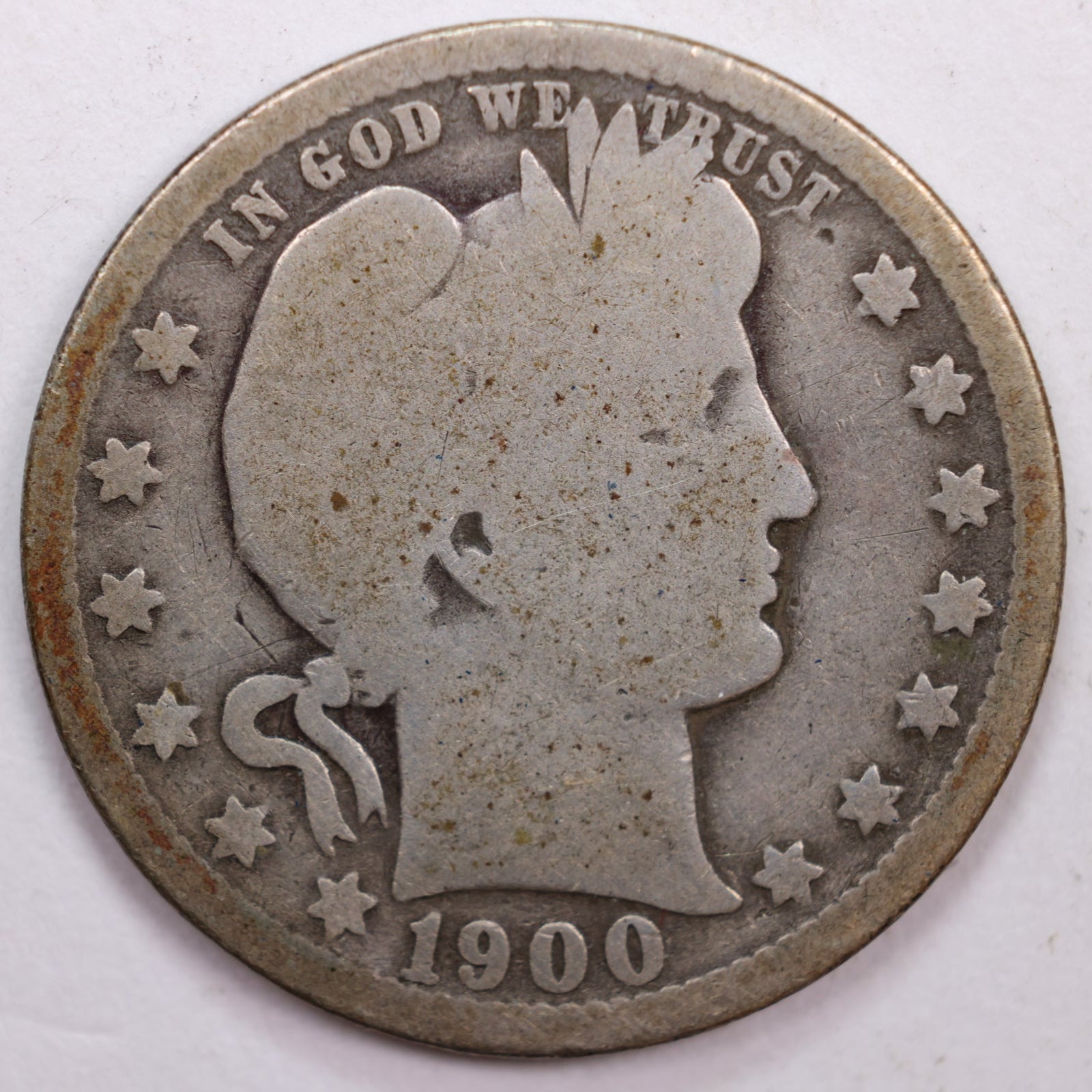 1900-O Barber Silver Quarter, About Good Circulated Coin, Store #QR0413