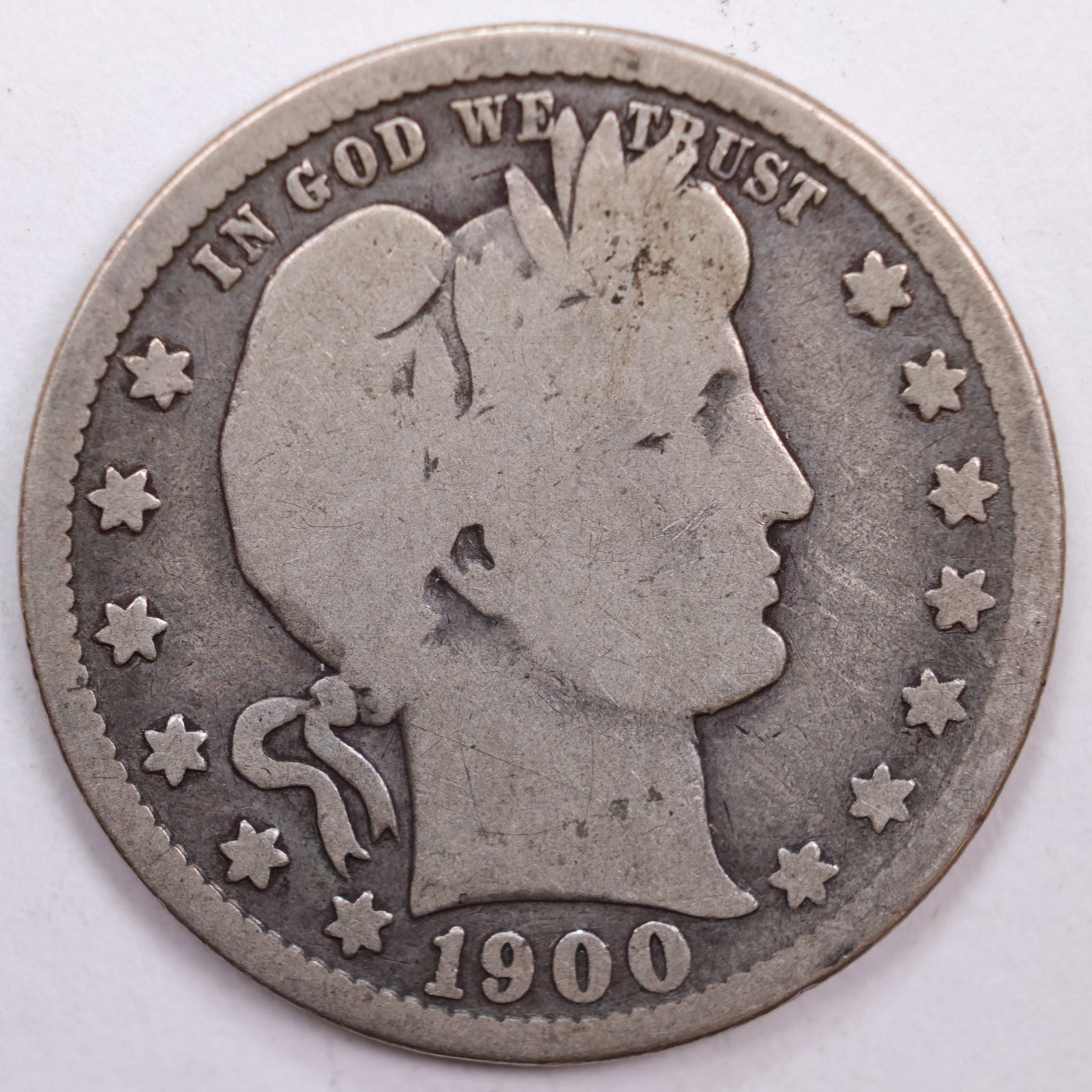 1900-S Barber Silver Quarter, Good Circulated Coin, Store #QR0418