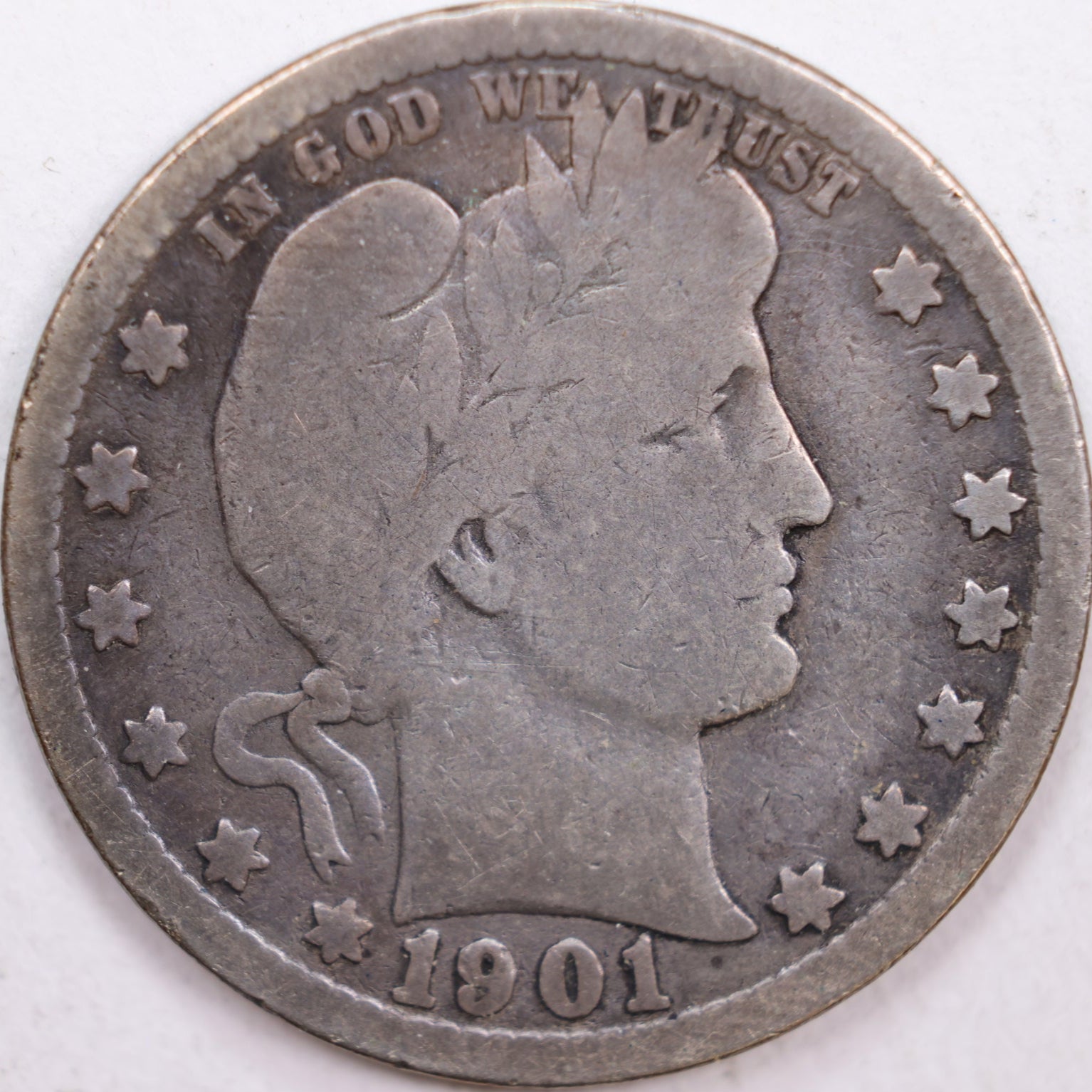 1901-O Barber Silver Quarter, Very Good Circulated Coin, Store #QR0430