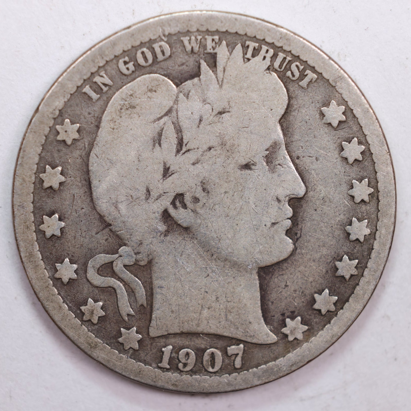 1907 Barber Silver Quarter, Very Good Circulated Coin, Store #QR0484