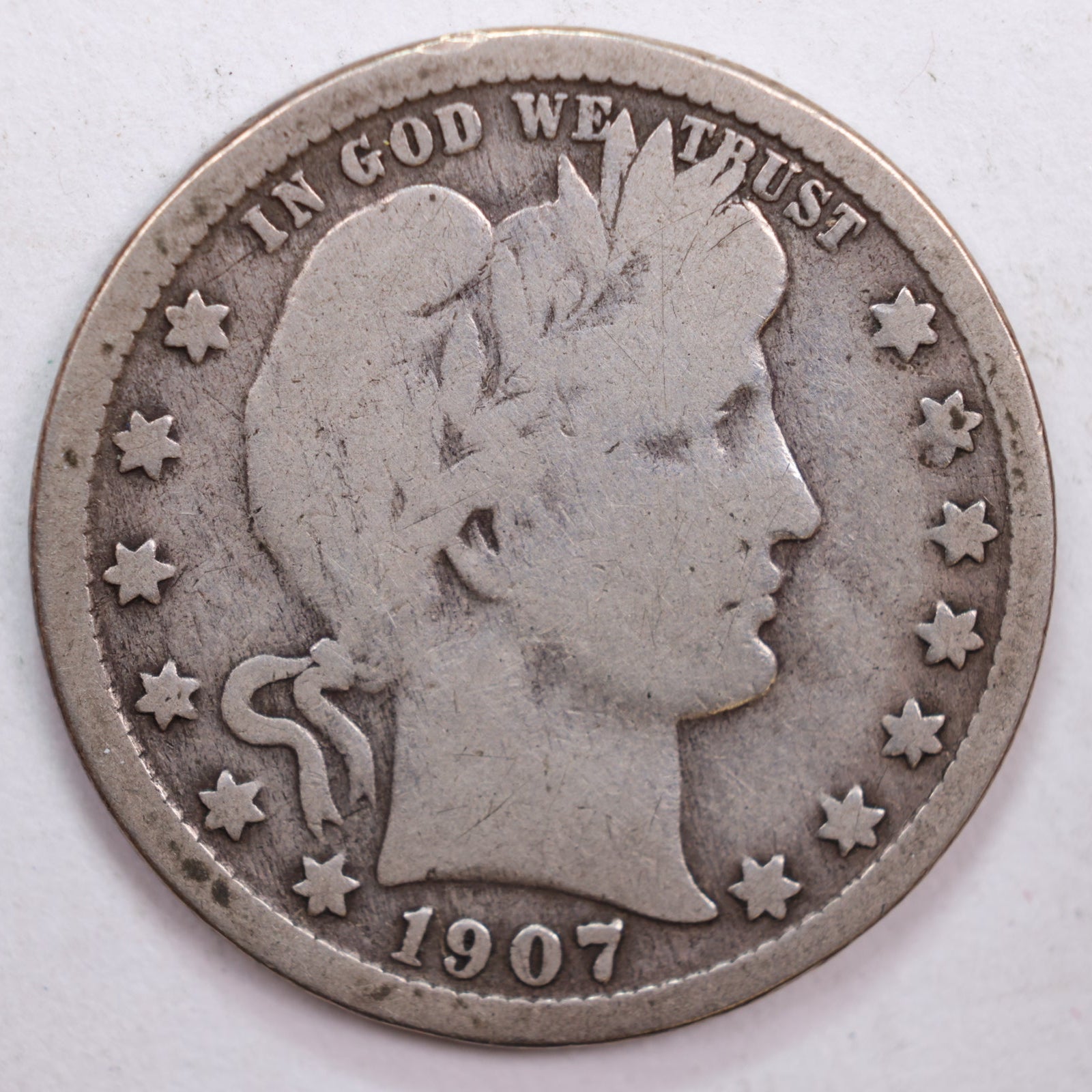 1907-O Barber Silver Quarter, Very Good Circulated Coin, Store #QR0488