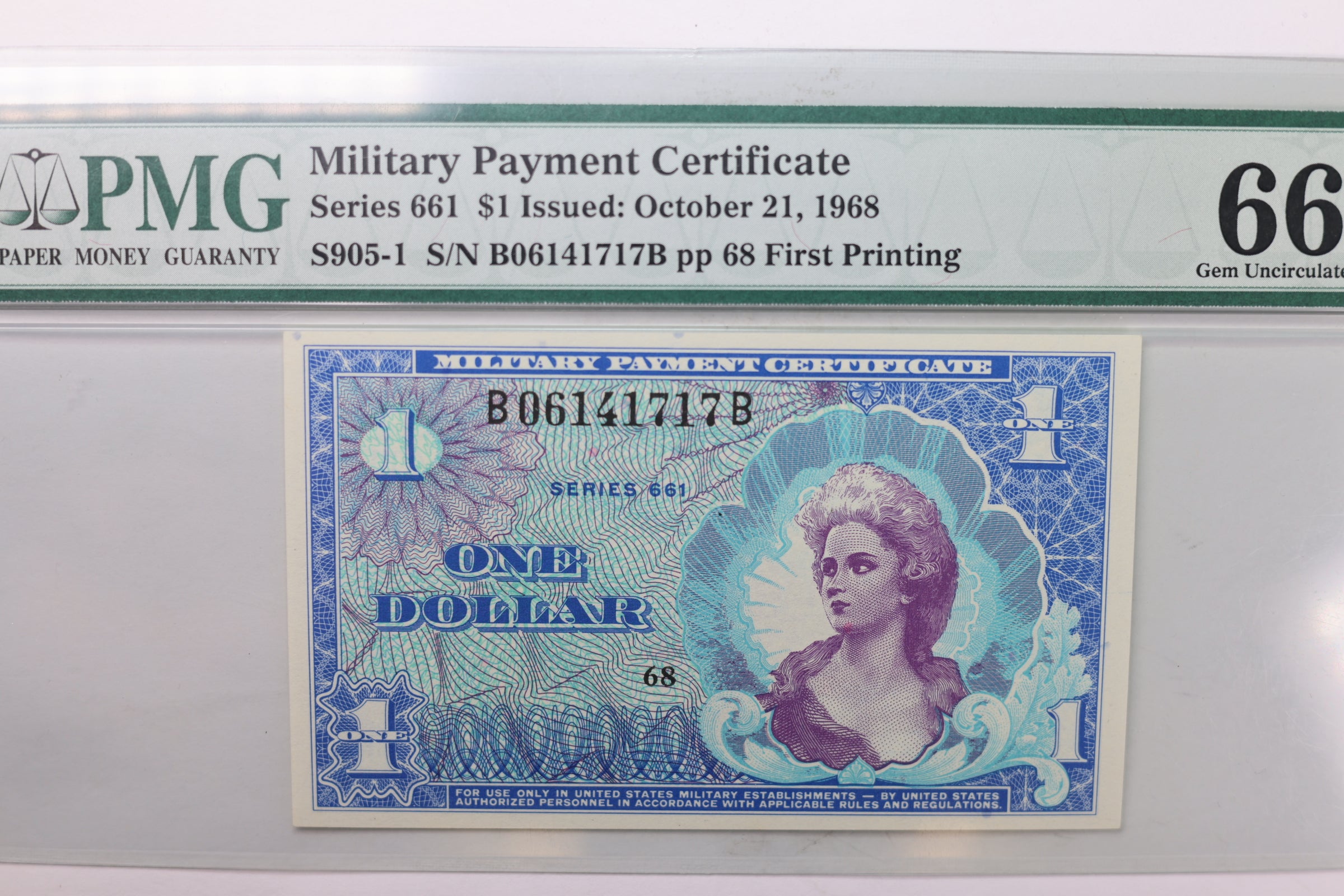 $1., Series 661., Military Payment Certificate., PMG CU-66 EPQ., Store #1785