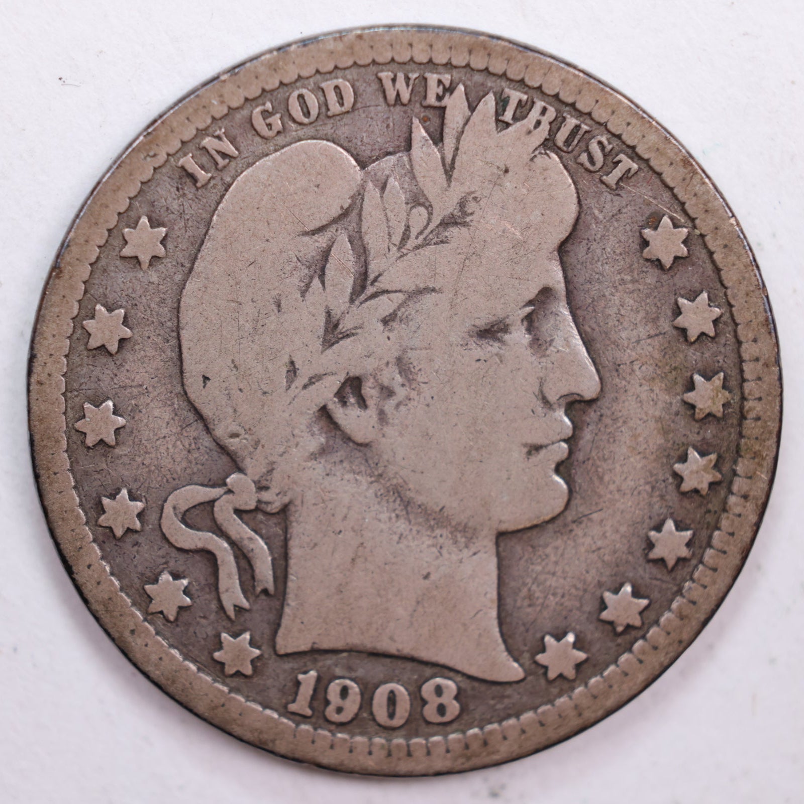 1908-D Barber Quarter, Very Good Circulated Coin, Store #QR0500