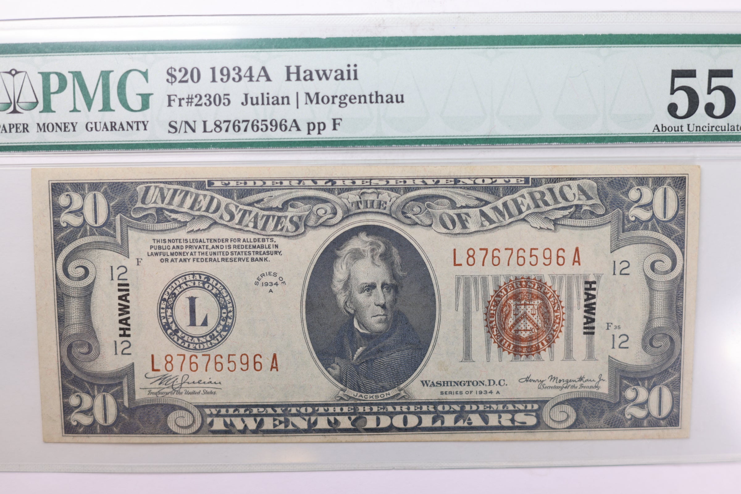 1934 A, $20 Federal Reserve Note, 'Hawaii', PMG AU-55, Store #GSSC009 (35004)