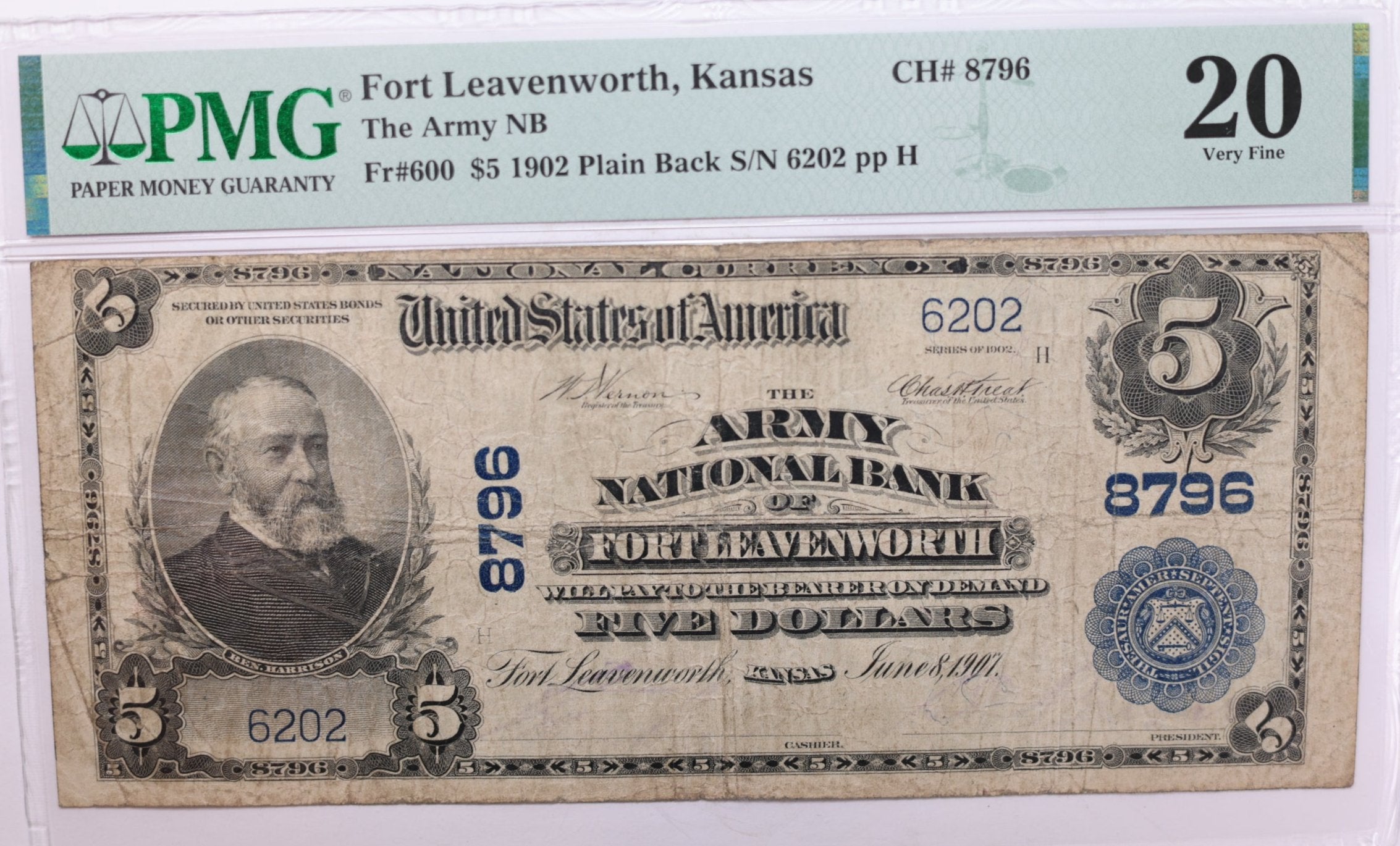1902 $5., National Currency., "Fort Leavenworth, KS."., PMG VF-20., Store #LGNB008