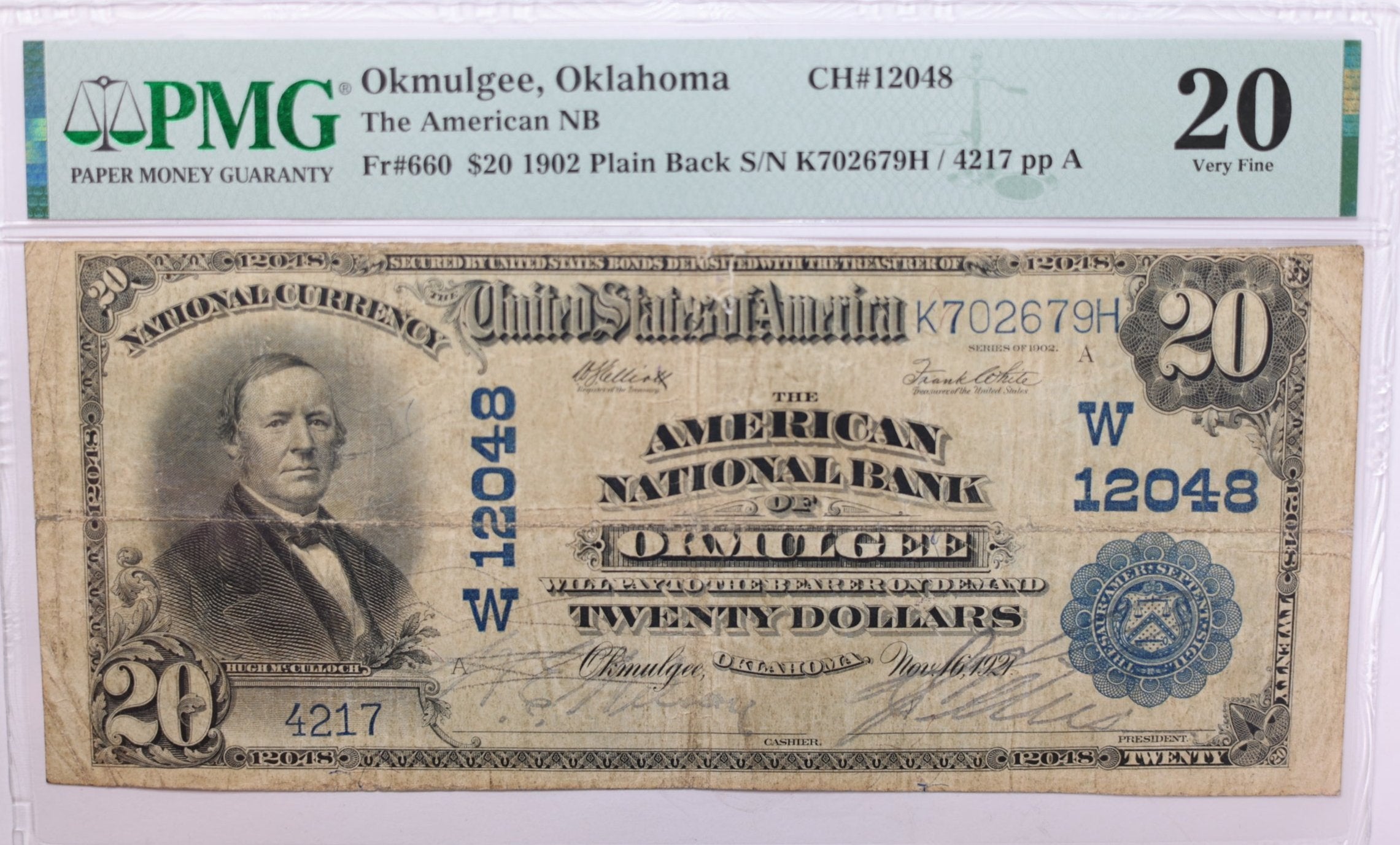 1902 $20., National Currency., "OKMULGEE, OK."., PMG VF-20., Store #LGNB007