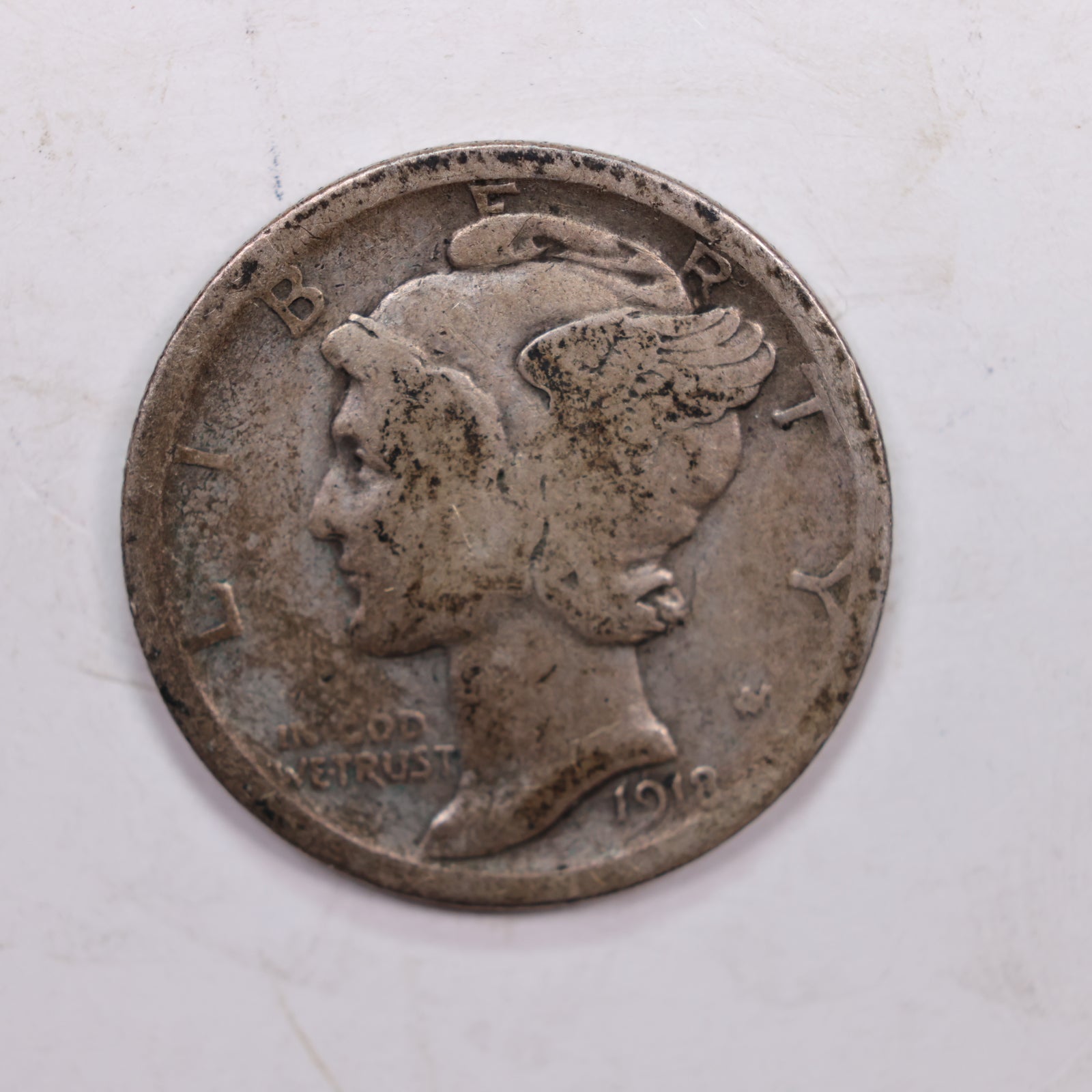 1918-S Mercury Silver Dime., Very Good, Circulated Silver Dime., Store #DE0338.