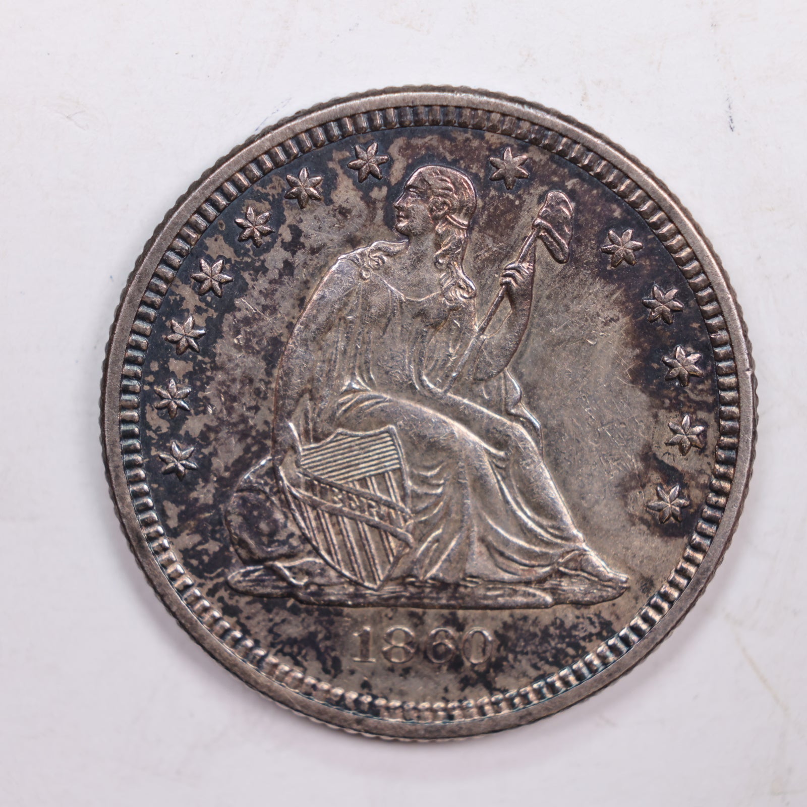 1860-O Seated Liberty Quarter., Mint State, Uncirculated Coin., Store #QR0251