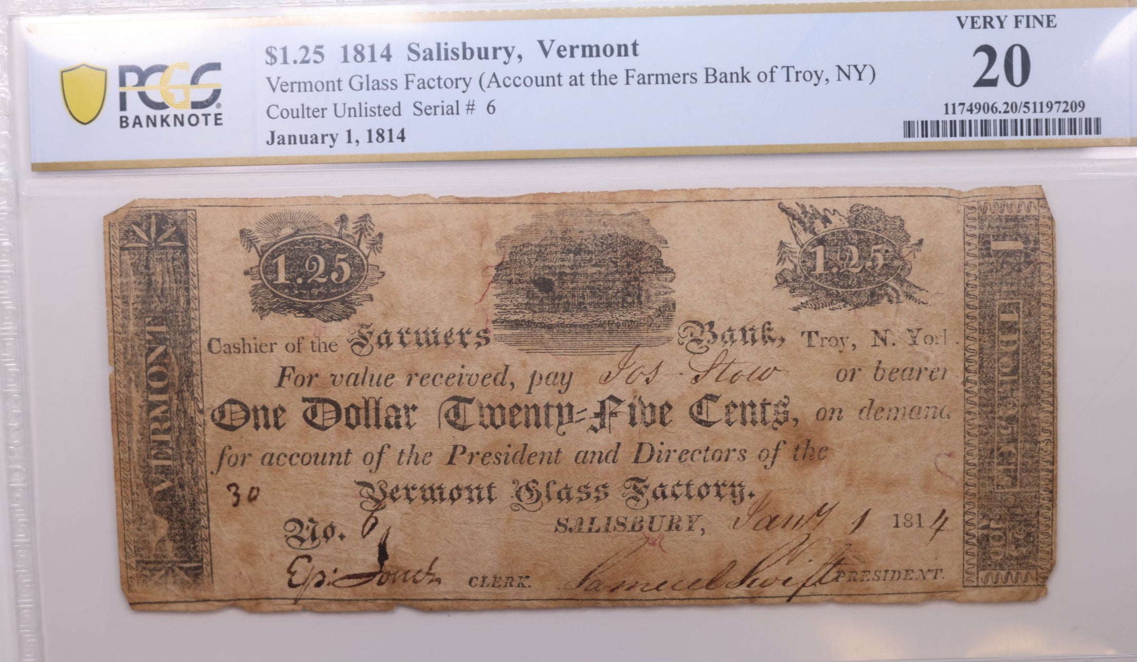 1814 $1.25, Salisbury, Vermont., Obsolete., PCGS VF-20., Store #GOVE001.