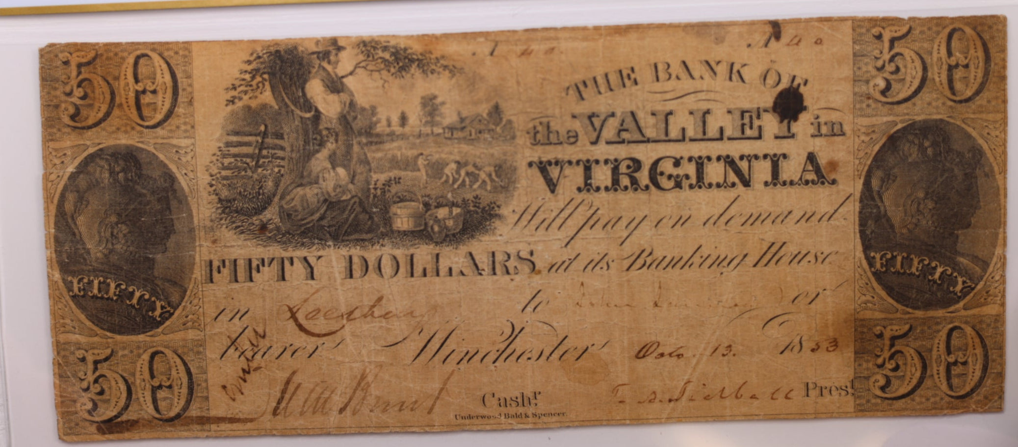 1853 $50 Winchester, Virginia., Obsolete., PCGS VF-20., Store #GVA009.