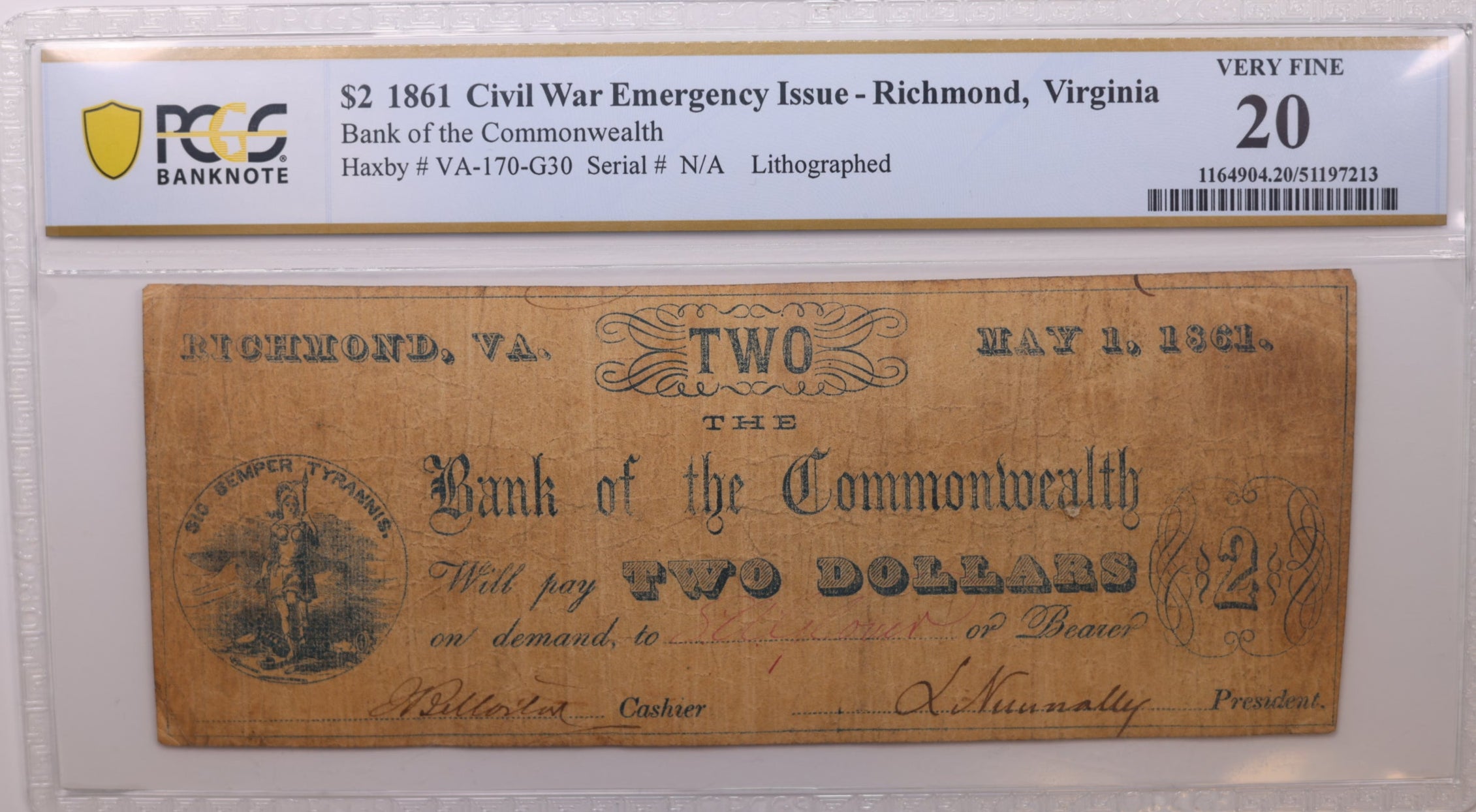 1861 $2, Civil War Issue., Richmond, VA., Obsolete., PCGS VF-20., Store #GVA019.